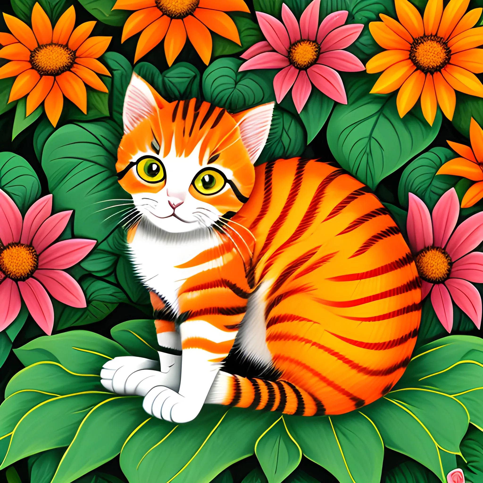 drawing of small kitten with bent head in orange color with stripes sitting on a big leaf in a garden full of flowers in daytime,Cartoon