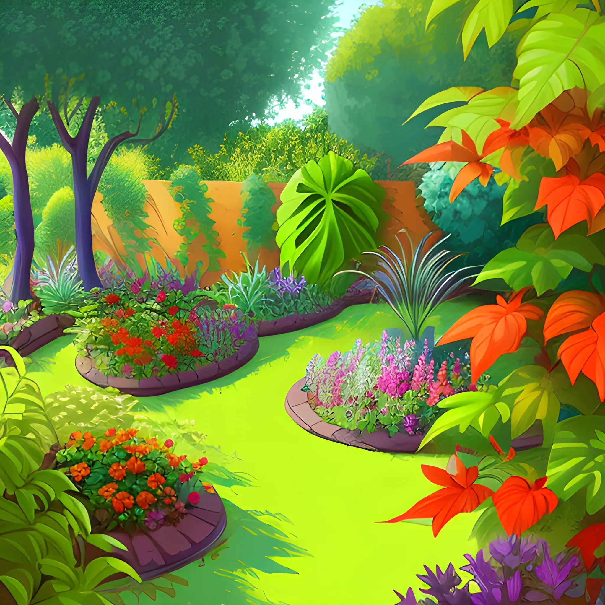 garden with very large leafy plants in digital painting style with warm colors
