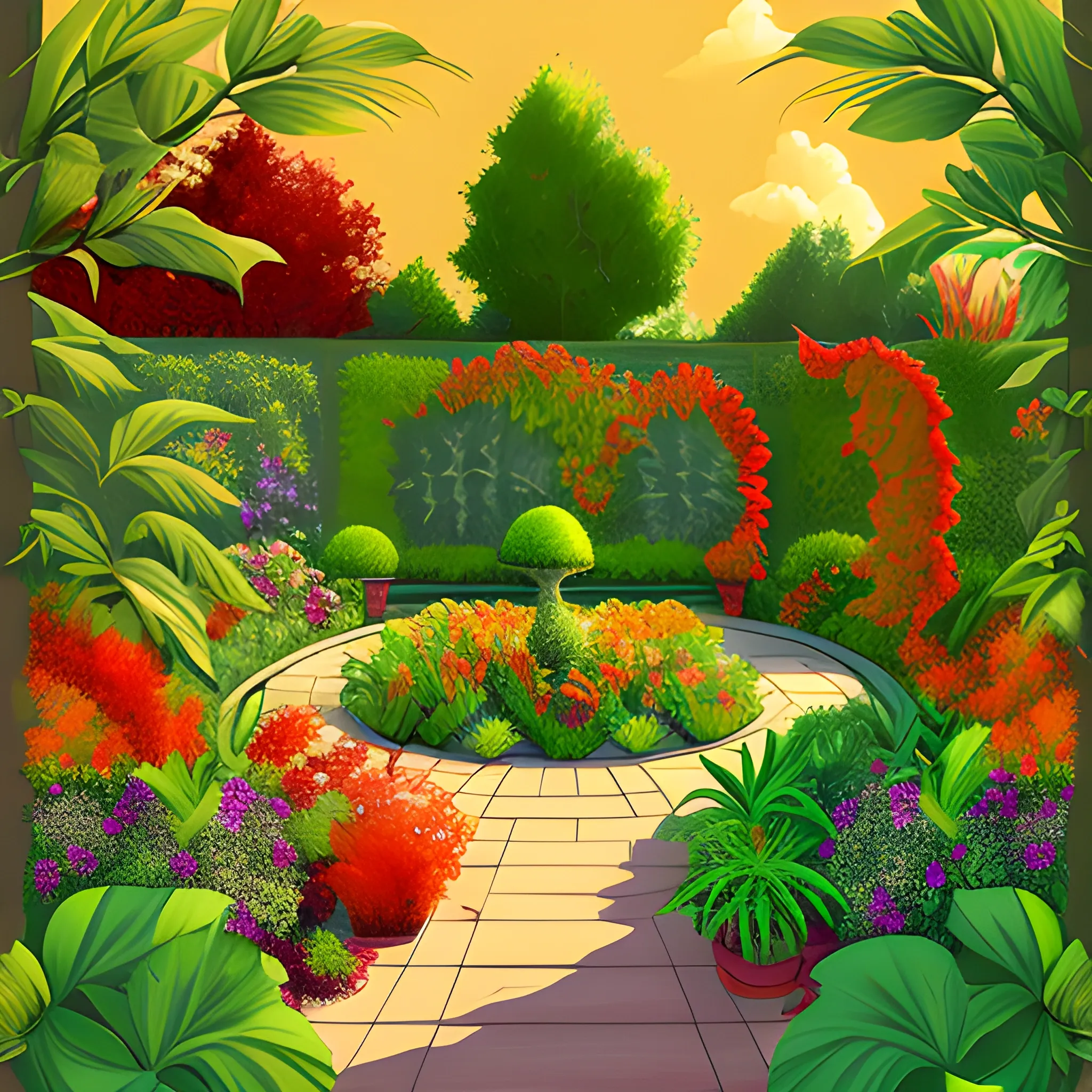 garden with very large leafy plants in digital painting style with warm colors