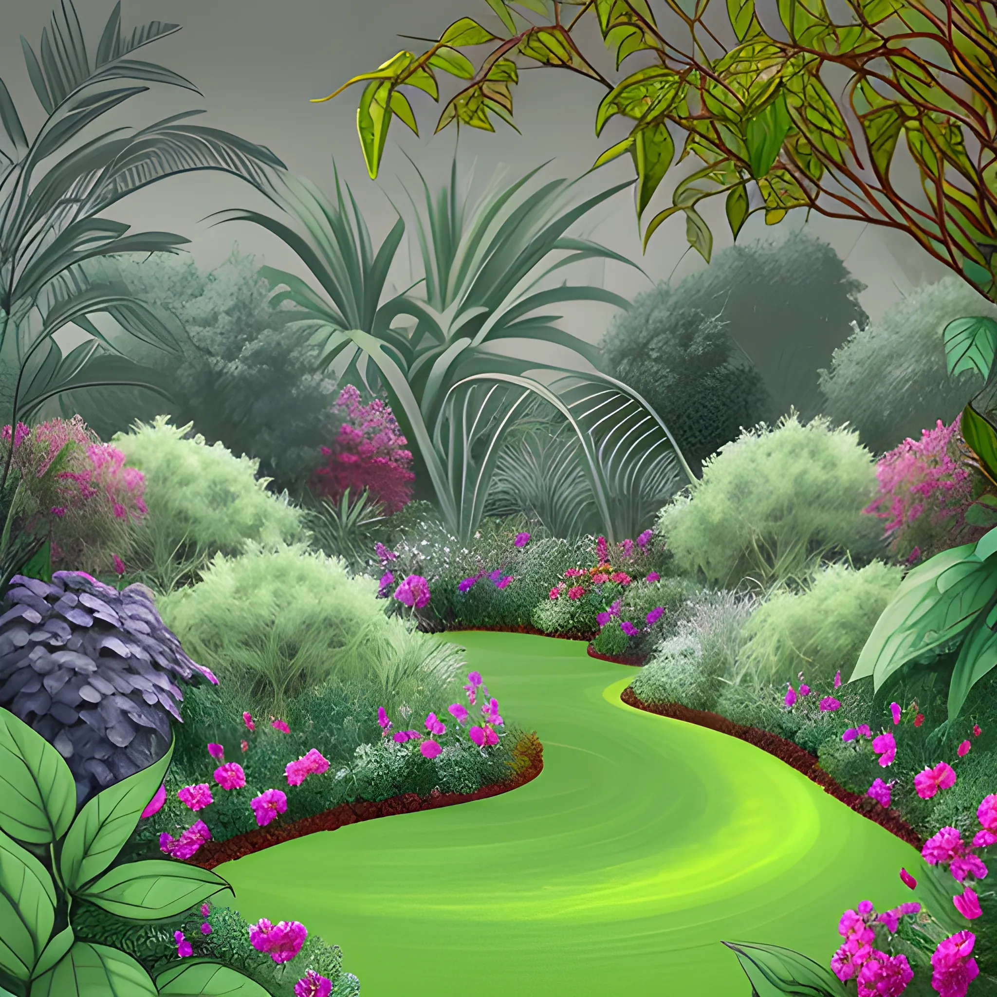 garden with very large leafy plants in digital painting style with warm gray colors