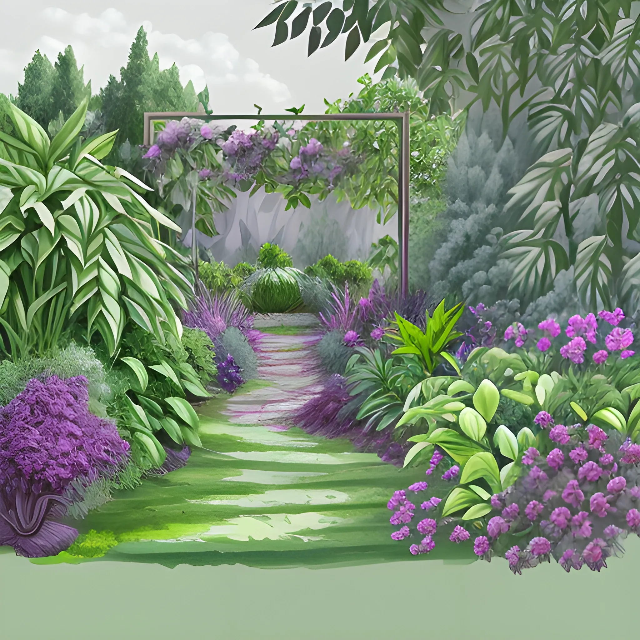 garden with very large leafy plants in digital painting style with warm gray colors