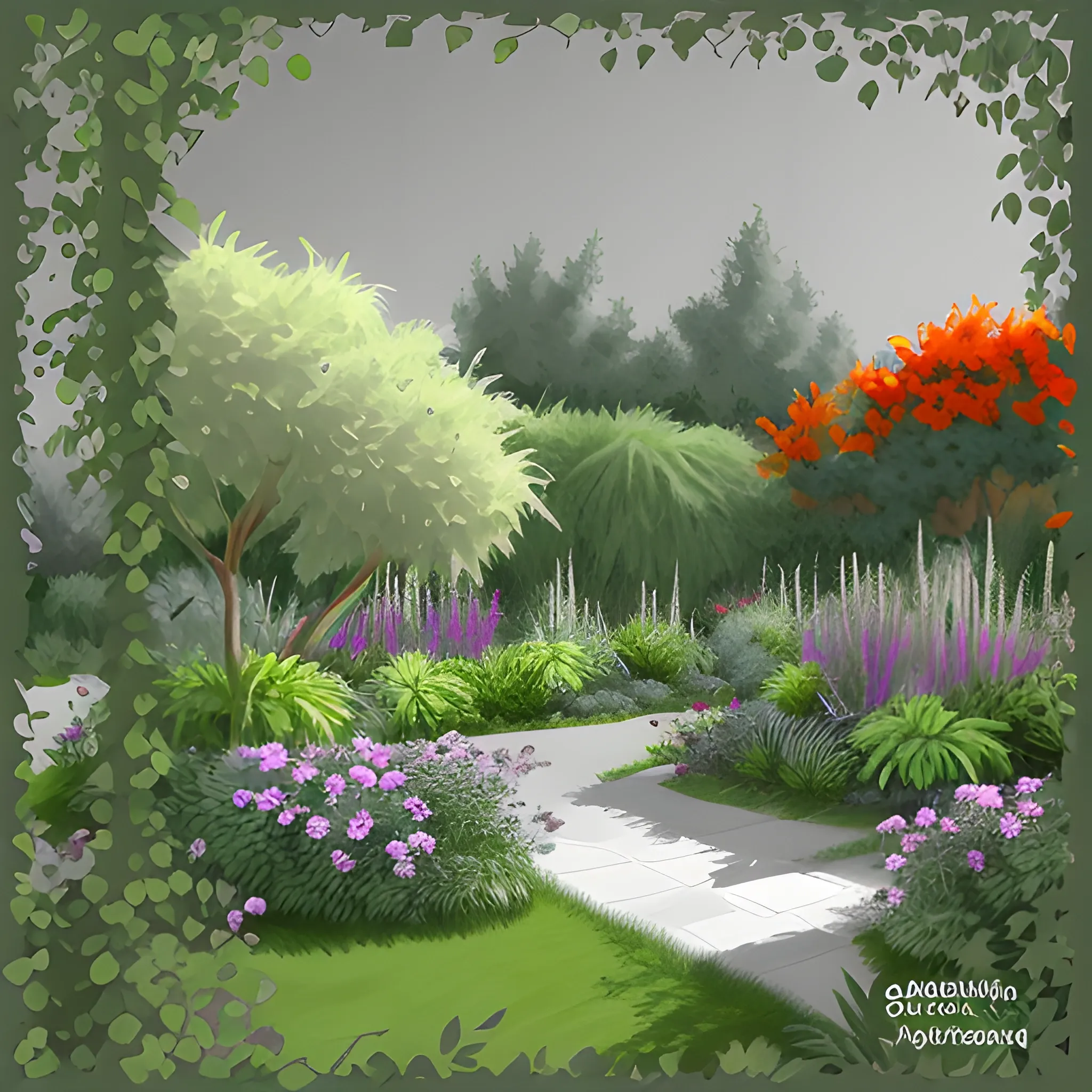 garden with very large leafy plants in digital painting style with warm gray colors
