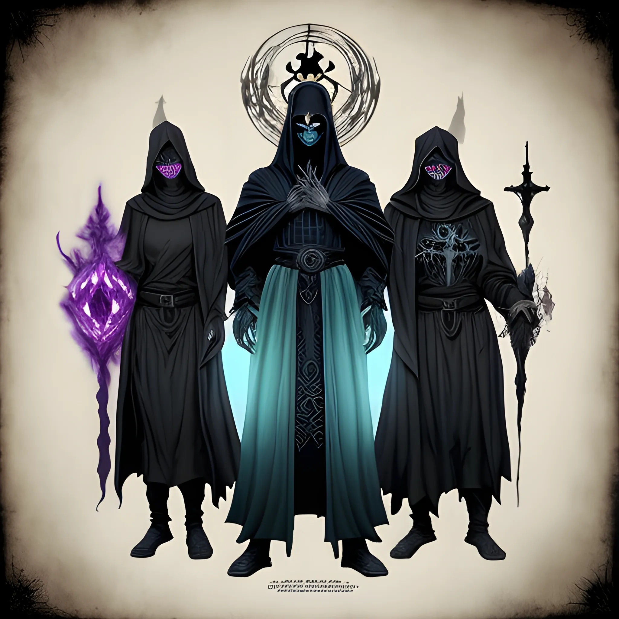 Dark Attire: The cultist wear long, flowing robes in shades of deep purple, black, or dark gray. The robes are often adorned with occult symbols and sigils associated with necromantic magic and Malachi's dark influence. The hoods of their robes are typically pulled up, casting shadows over their faces, giving them an air of mystery and menace.

Face Coverings: Some cultists wear face coverings or masks, further obscuring their features. These coverings often feature unsettling designs, such as skeletal faces or demonic visages, symbolizing their allegiance to death and darkness.

Occult Accessories: Cultists may wear various occult accessories, such as bone necklaces, finger bones, or amulets adorned with dark gems or symbols. These items are believed to channel the powers of necromancy and connect the wearer to the forces of evil.

Pallid Skin: Prolonged exposure to dark magic and their devotion to Malachi may give the cultists' skin a sickly pallor, further emphasizing their otherworldly appearance.

Glowing Eyes: In some cases, the eyes of the cultists may glow with an unnatural or eerie light, hinting at their connection to the dark powers they serve. The glow can be a pale blue, sickly green, or even crimson, depending on the nature of their necromantic abilities.

Ritualistic Tattoos: Some cultists bear ritualistic tattoos etched into their skin, marking their allegiance to Malachi and the dark arts. These tattoos often depict ominous symbols, arcane runes, or images associated with death and decay.

Feral Traits: As a result of their embrace of dark powers, some cultists may display feral traits, such as elongated canine teeth or claw-like nails, reminiscent of creatures of the night.

Overall, the appearance of Malachi's cultists is haunting and unsettling, with an aura of darkness and malevolence. Their attire, accessories, and physical features convey their allegiance to the fallen Aasimar and their commitment to furthering his nefarious plans. As they move in shadows and secrecy, they pose a significant threat to the world, ready to carry out their master's bidding and plunge Lumina Isle into everlasting darkness.