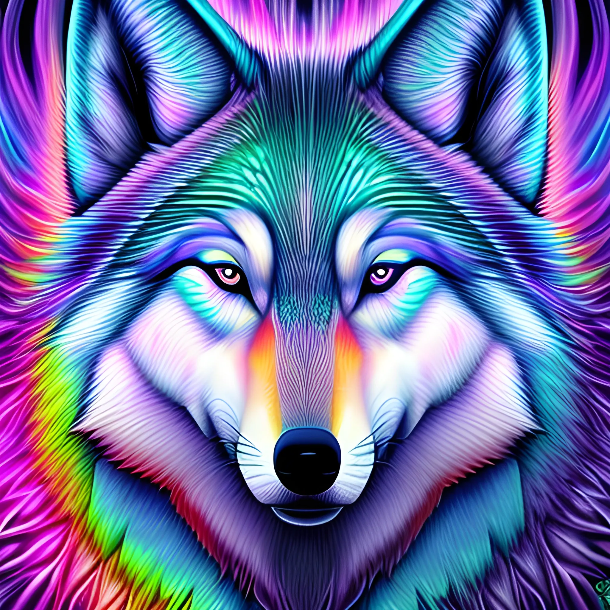 hyper-realistic wolf portrait in the style of Alex Grey, vivid colors, finely detailed, smooth digital artwork, synthwave, psychedelic digital art, Trippy, 3D