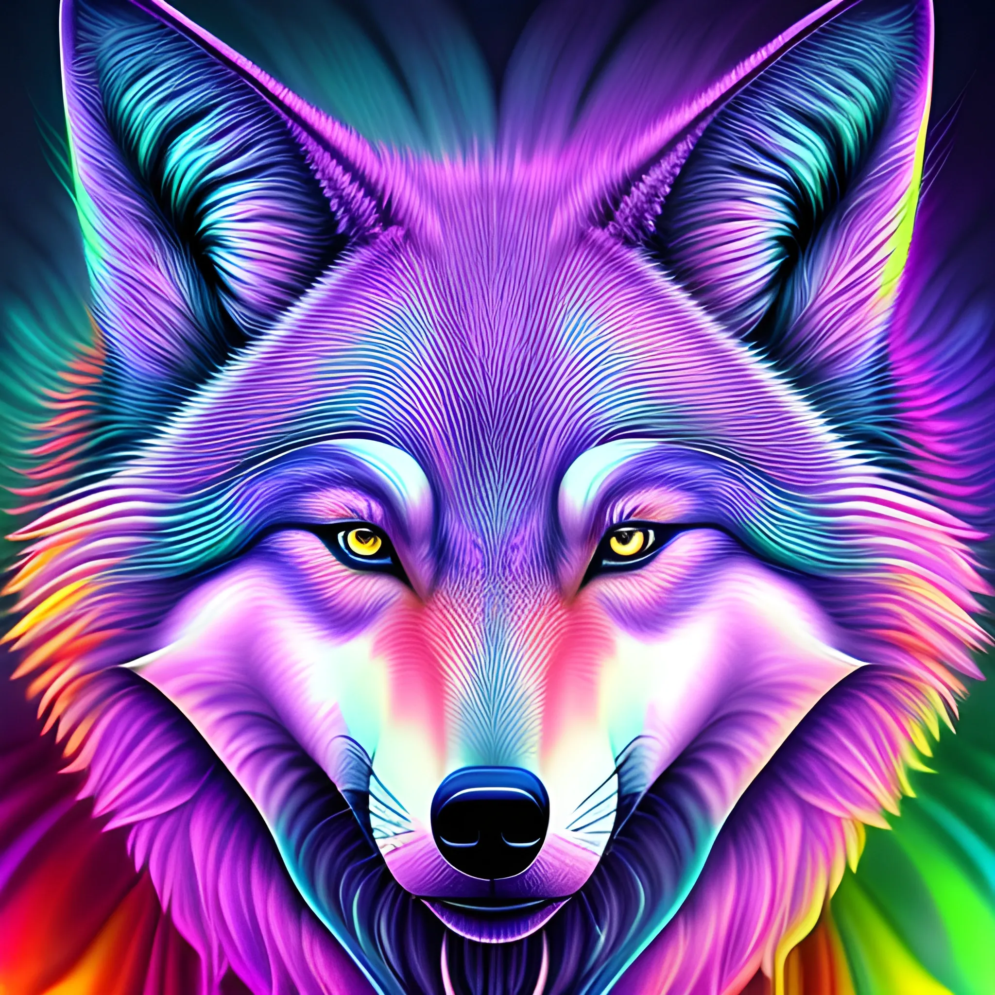 hyper-realistic wolf portrait in the style of Alex Grey, vivid colors, finely detailed, smooth digital artwork, synthwave, psychedelic digital art, Trippy, 3D