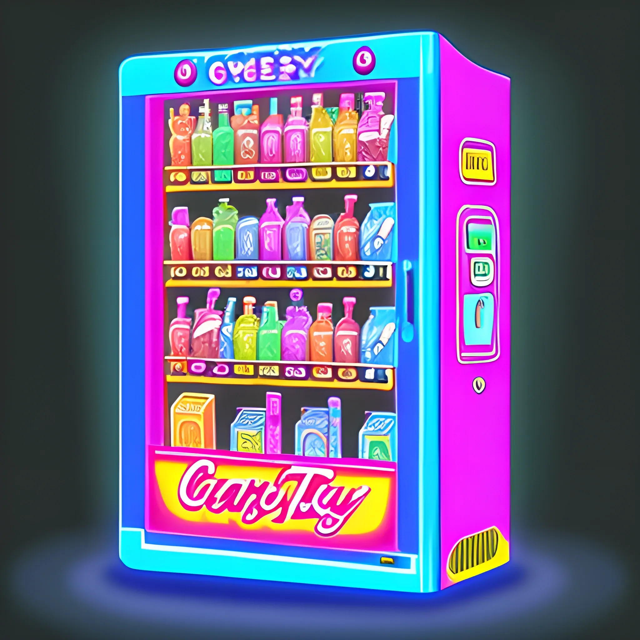 vending machine for candy, drinks, toys in digital drawing style with neon lights