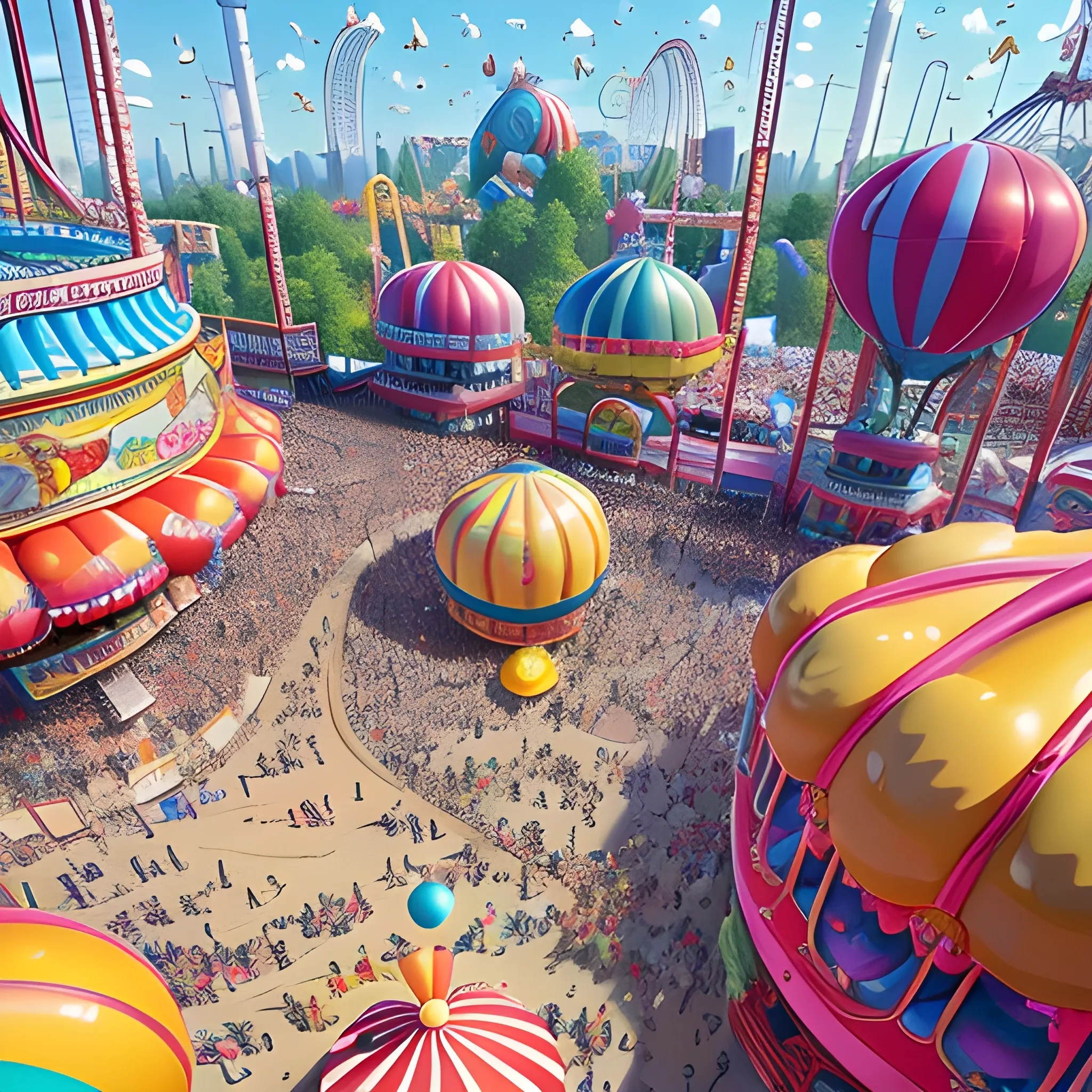 masterpiece, bird's eye view of inflated amusement park, full of family fun and excitement, bubbling with joy, film quality, unreal engine, matte, award-winning, beautiful studio Darklight