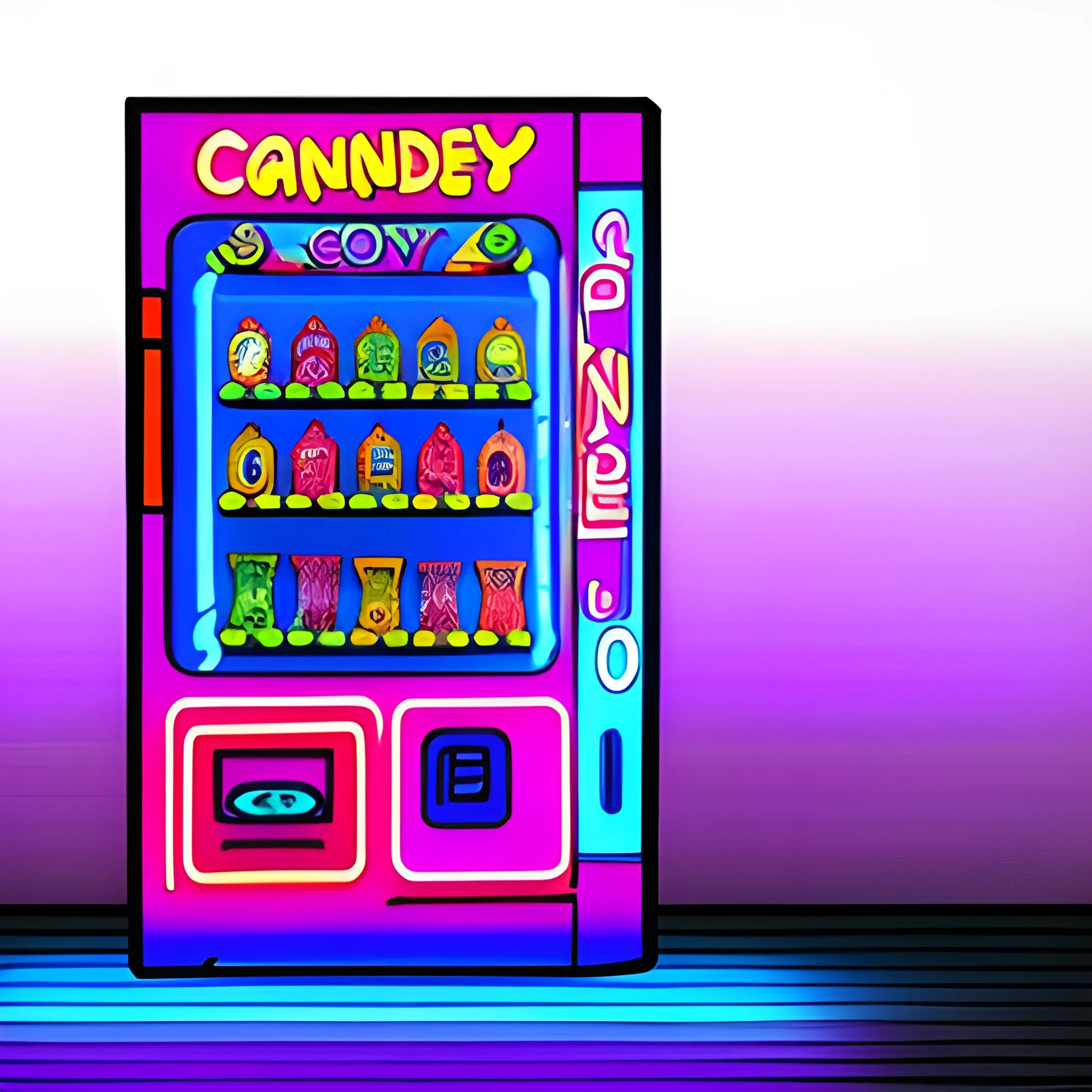 candy, beverage, toy vending machine in digital drawing style with neon lights, with a close-up view