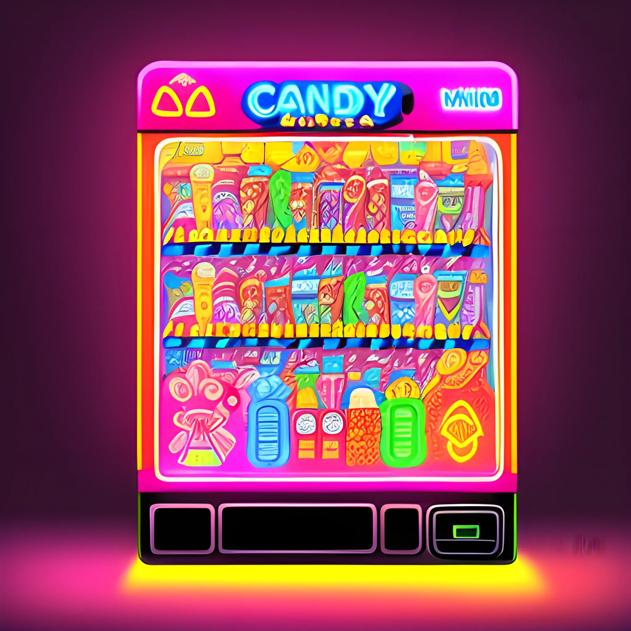 candy, beverage, toy vending machine in digital drawing style with neon lights, with a close-up view