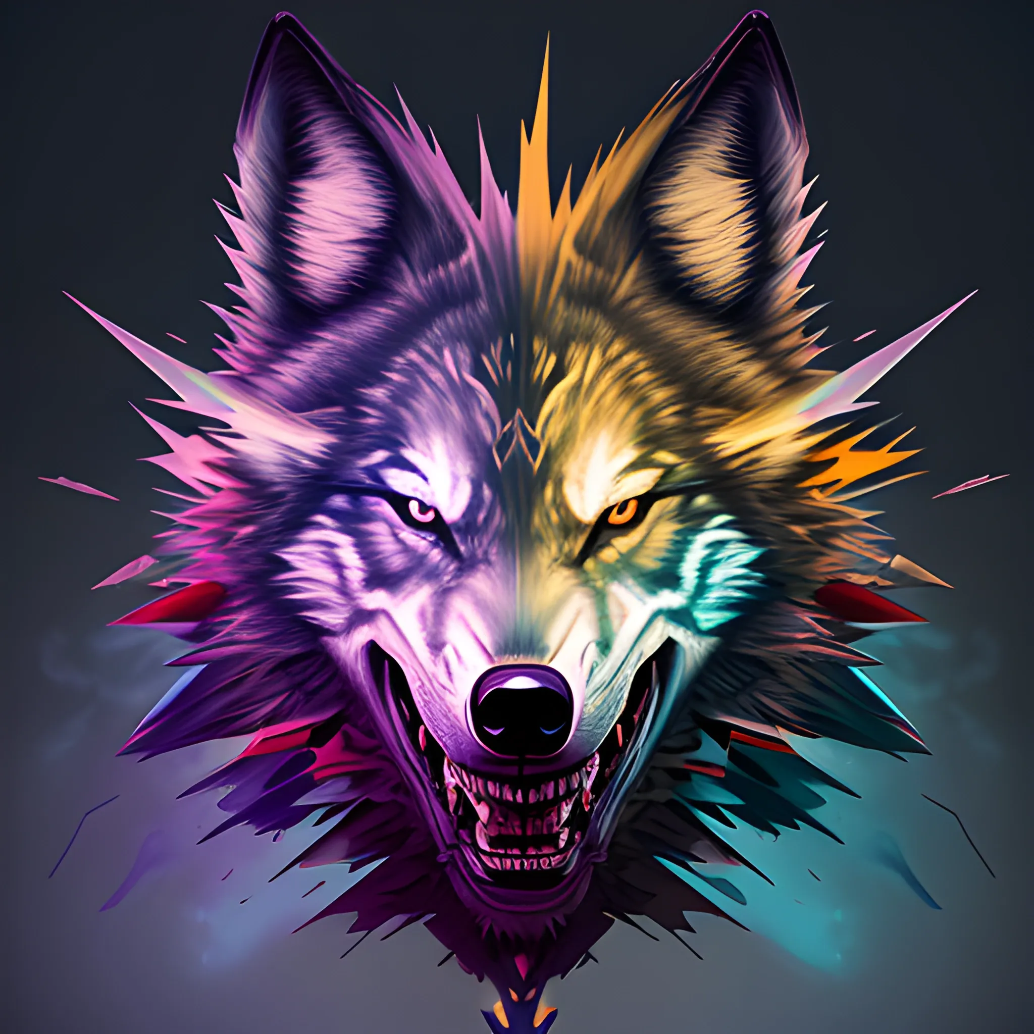 a colorful characterization of a wolf, chaos explode by Nychos, volumetric lighting, twilight background, --ar 3:2
