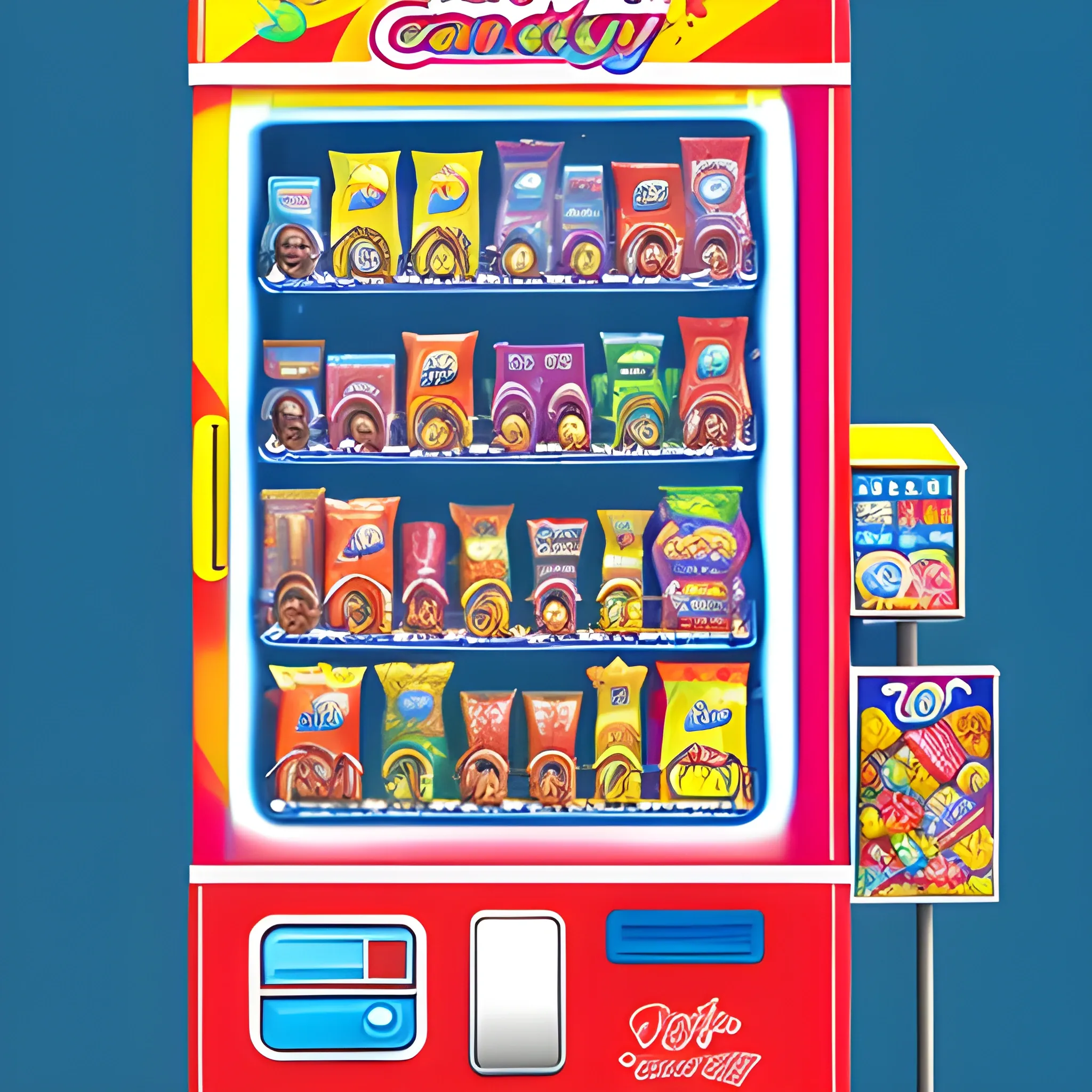 candy, beverage, toy vending machine in digital drawing style, with a close-up view