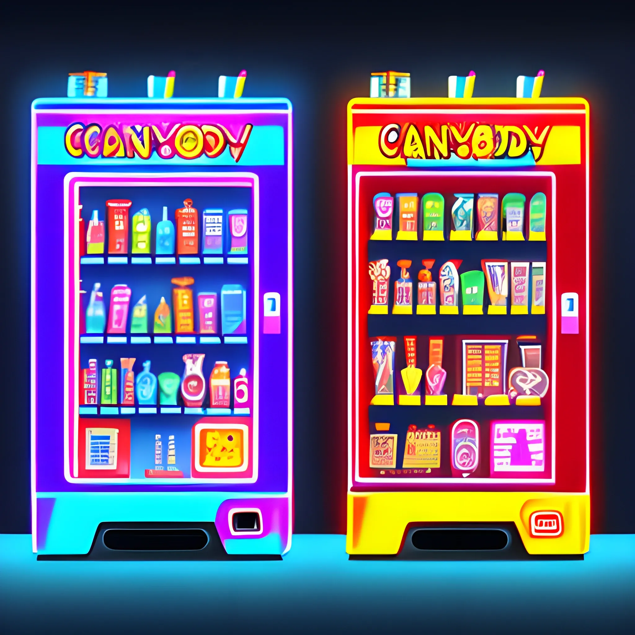 vending machine with candy, drinks, toys in digital drawing style with neon lights, with a back view, wooden wall background and a window on the side.