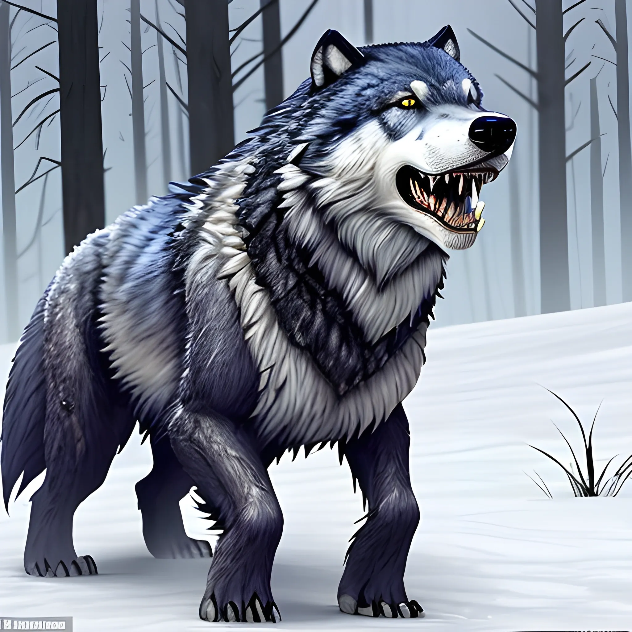 Appearance: The dire wolf is a massive and fearsome creature, closely related to the regular wolf but significantly larger and more imposing. It stands at around 4 to 5 feet tall at the shoulder and can weigh up to 800 pounds or more, dwarfing its smaller cousins. Its fur coat is thick and usually ranges in color from gray to black, providing excellent camouflage in various environments. The dire wolf's powerful jaws and sharp teeth make it a formidable predator in the wild.

Features: The dire wolf shares many features with regular wolves but possesses even more enhanced physical capabilities. Its heightened strength, speed, and endurance make it a top-tier predator, capable of taking down large prey with ease. The dire wolf's large, muscular build and powerful limbs give it the advantage of overwhelming its opponents in combat.

Habitat: Dire wolves tend to inhabit the wildest and most remote regions of your DND world, far away from civilization. They can be found in dense forests, icy tundras, and even rugged mountainous terrain. As apex predators, they rule over their territories and command respect from other creatures in their domain.

Behavior: Like their smaller counterparts, dire wolves are social creatures that often form packs to hunt and survive. They exhibit strong loyalty to their packmates, and the alpha pair leads the group with a mix of intelligence and ferocity. Dire wolves are skilled hunters and work together to bring down formidable prey, such as large mammals and even other monstrous creatures.