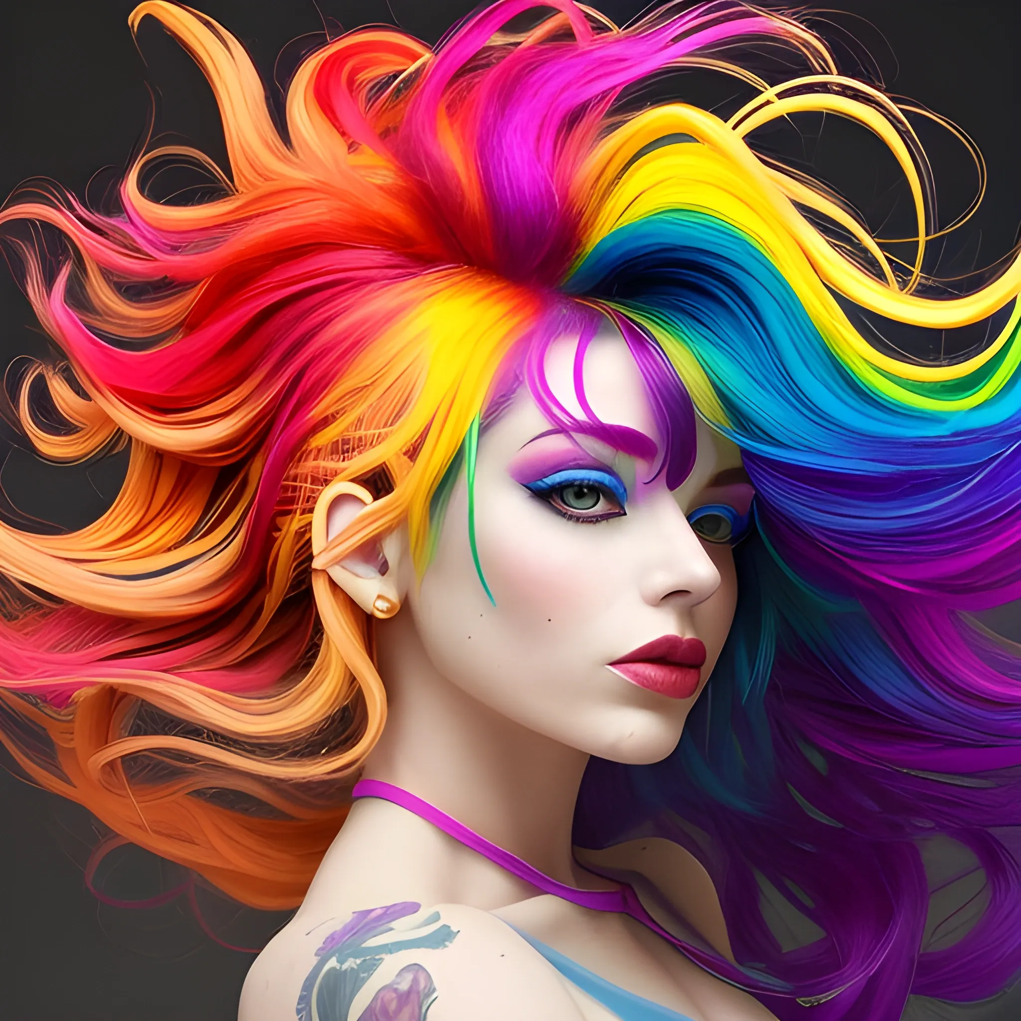 the woman is wearing multicolored hair, vibrant color scheme