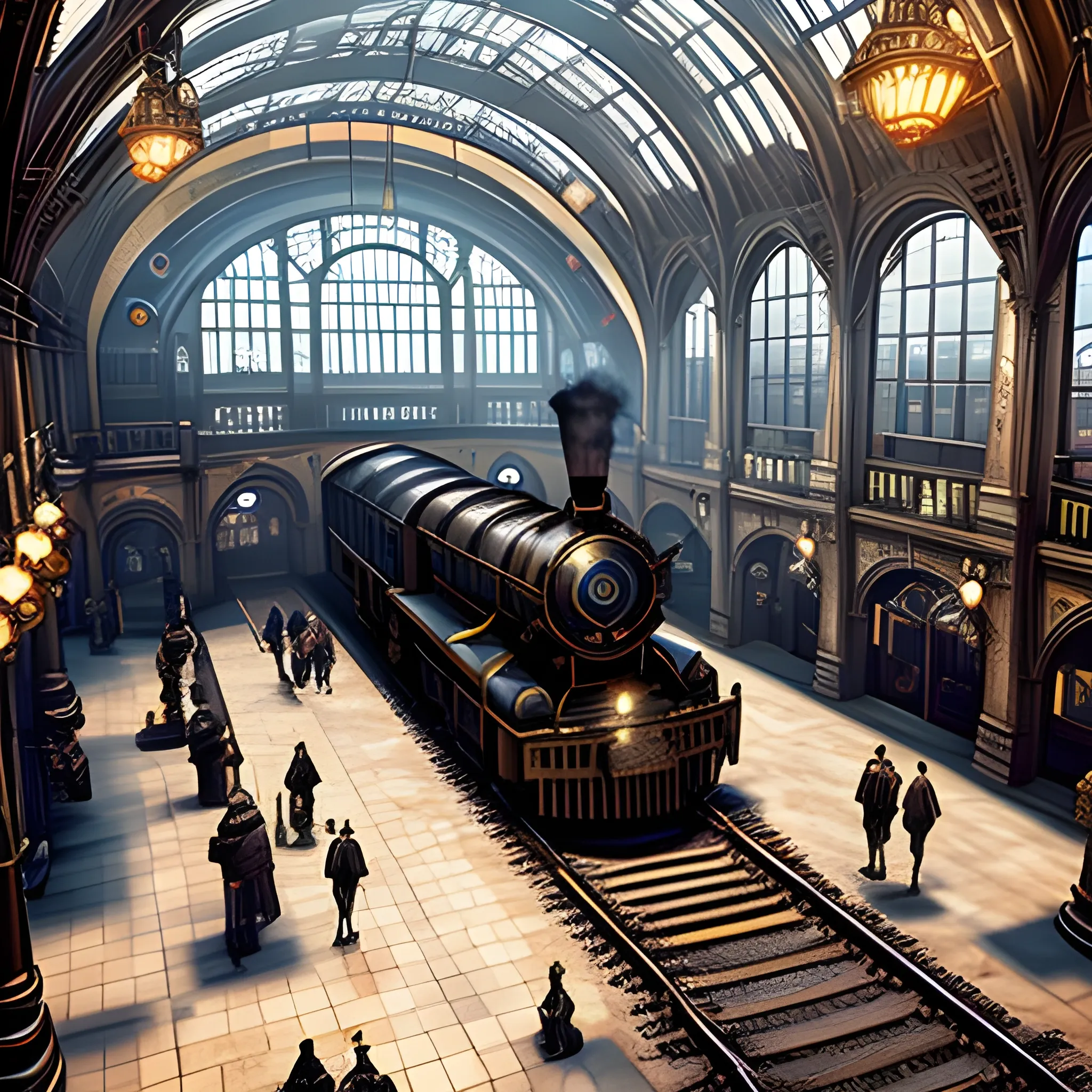 masterpiece, steampunk central train station, in the style of the fantastic beasts and where to find them, film quality, unreal engine, matte, award-winning, beautiful studio Darklight