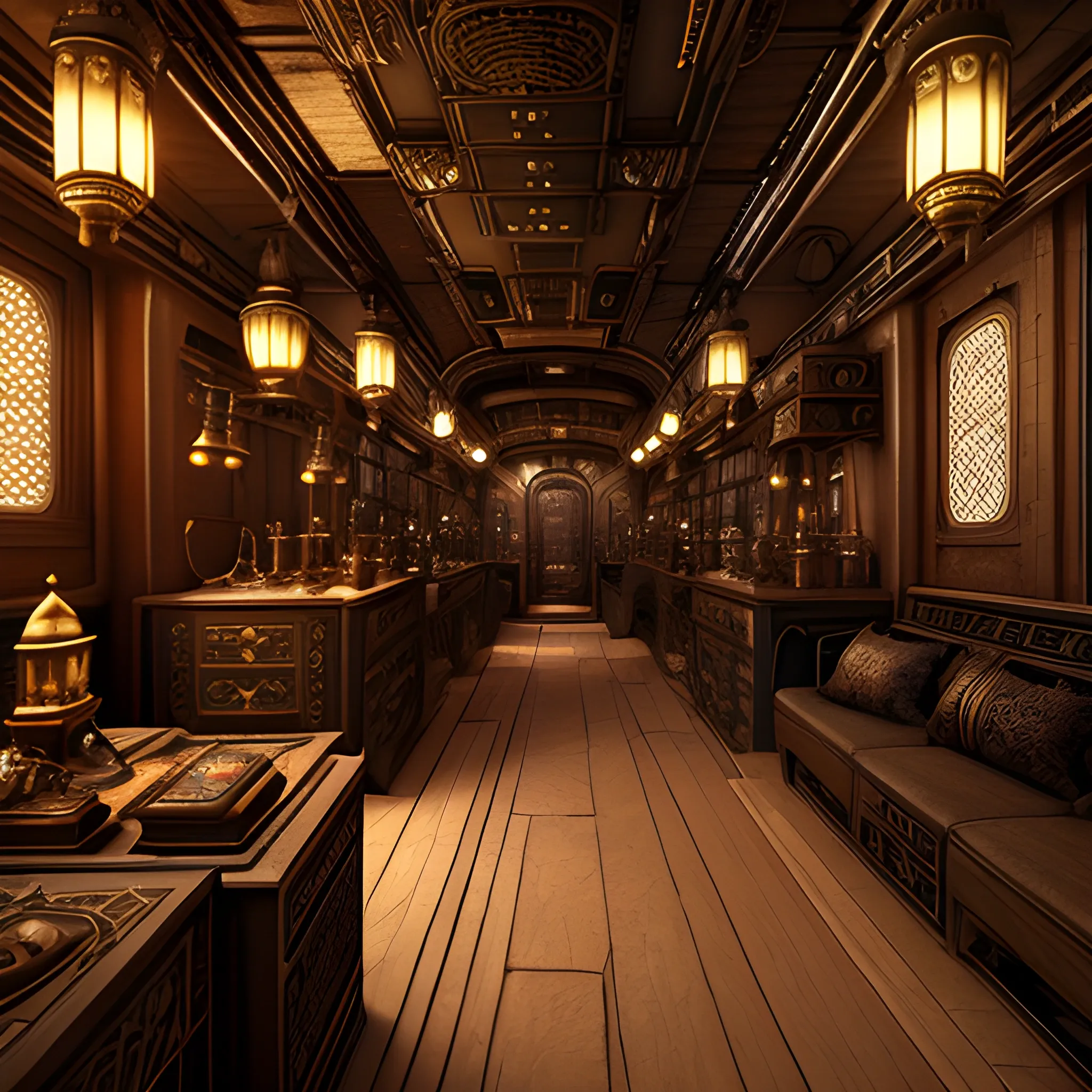 masterpiece, steampunk Middle eastern treasure trove,  in the style of the Orient Express, film quality, unreal engine, matte, award-winning, beautiful studio Darklight