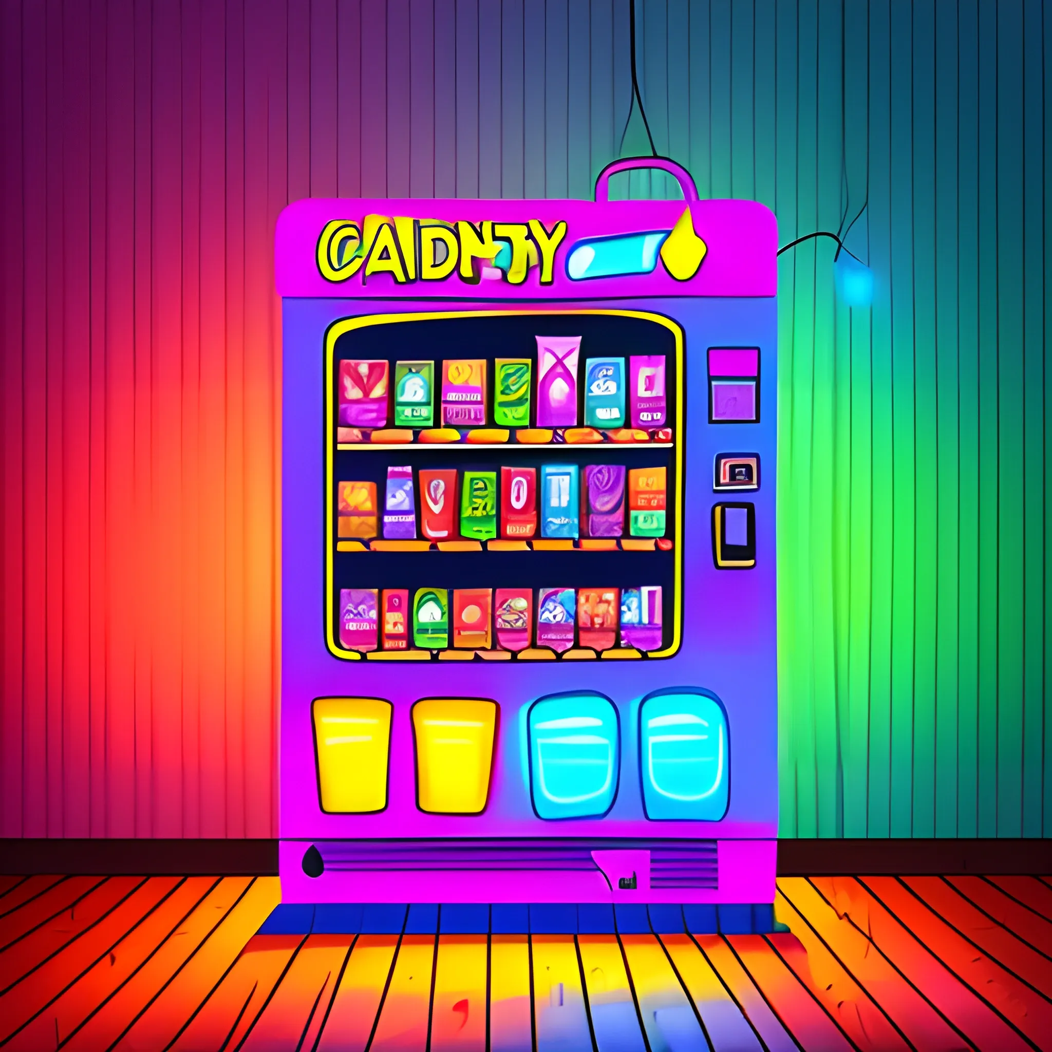 vending machine with candy, drinks, toys in a digital drawing style with neon lights, camera at an angle, wooden wall background and a window on the side.