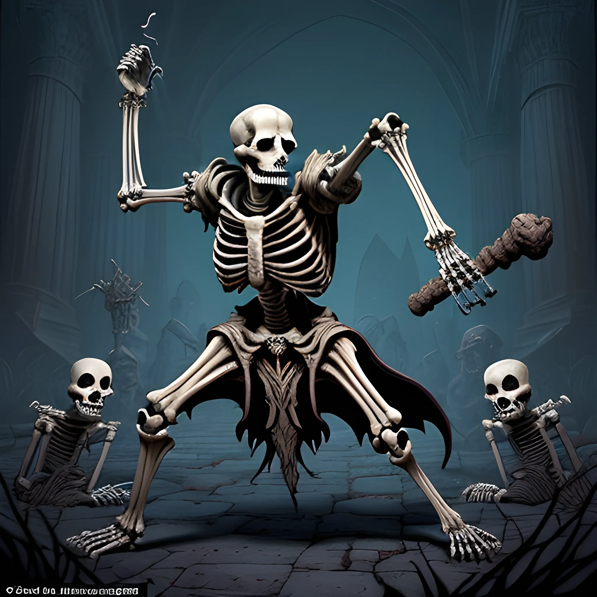 Appearance: A skeleton is a reanimated undead creature, the animated remains of a once-living being. They are skeletal in form, devoid of flesh and organs, and are held together by dark necromantic magic. Their bones can be of various sizes and shapes, depending on the creature they were before death. The bones of a humanoid skeleton are often bleached white, while those of larger creatures might retain a more weathered appearance.

Features: Skeletons are mindless creatures, devoid of the emotions and intellect they possessed in life. Their movements are stiff and jerky, controlled by the magic that animates them. They lack the strength and capabilities they had in life but can still be formidable due to their resistance to exhaustion and immunity to poison and many mind-affecting spells.

Habitat: Skeletons can be found in various environments, wherever dark necromantic magic is practiced or where ancient burial sites have been disturbed. They are often encountered in crypts, dungeons, or as guardians of forgotten tombs. In your DND world, they might be the remnants of fallen warriors or victims of dark rituals, arising to serve their necromantic masters.

Behavior: As mindless undead, skeletons are compelled to follow the commands of their creators or necromancers who control them. They have no will of their own and exist solely to fulfill the tasks assigned to them. Whether that means guarding a location, attacking intruders, or carrying out a specific purpose, skeletons are bound to carry out their orders until they are destroyed.

Role in the World: In your DND world, skeletons could serve as a constant reminder of the dark arts and the dangers of necromancy. They may be used by evil necromancers as minions or guardians, lurking in ancient crypts or dungeons to deter intruders. Adventurers might encounter them in their quest to thwart dark forces or uncover the secrets of long-forgotten ruins.

Encountering a skeleton in your campaign often means dealing with a mindless foe that is immune to many traditional methods of persuasion. Adventurers might use various tactics to overcome them, such as using holy magic, radiant damage, or weapons that can shatter or disassemble the undead. While individually not as threatening as some other creatures, the real challenge lies in facing hordes of skeletons, as their numbers can quickly overwhelm unprepared adventurers.