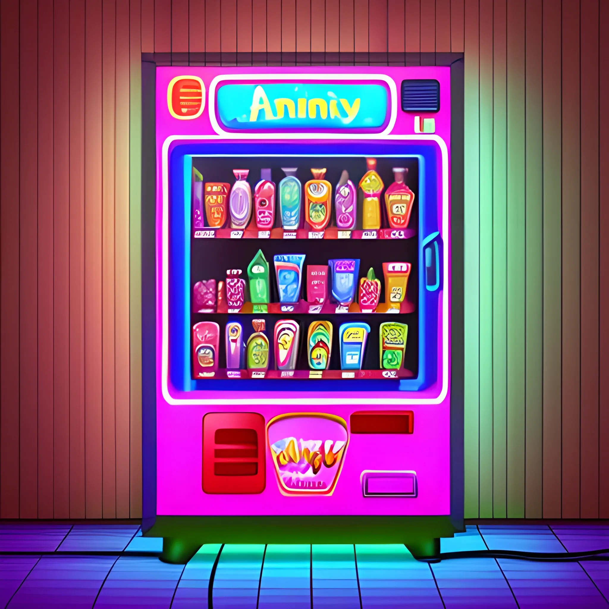 vending machine with candy, drinks, toys in a digital drawing style with neon lights, camera at an angle, wooden wall background and a window on the side.