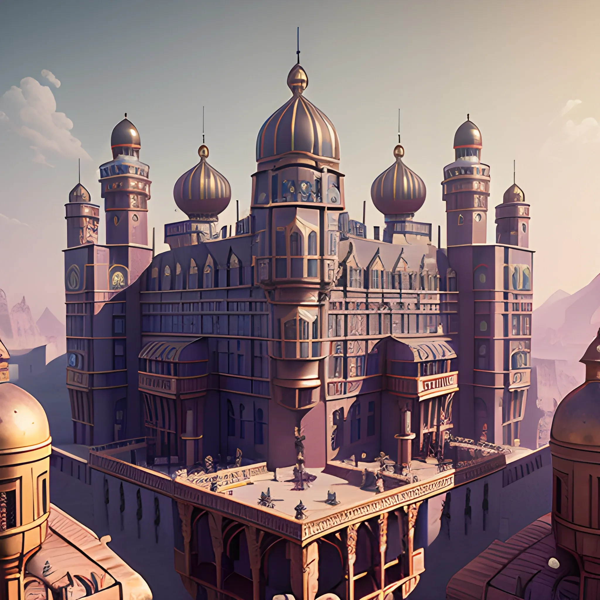 masterpiece, steampunk Middle eastern palace,  in the style of the Grand Budapest Hotel, film quality, unreal engine, matte, award-winning, beautiful studio Darklight