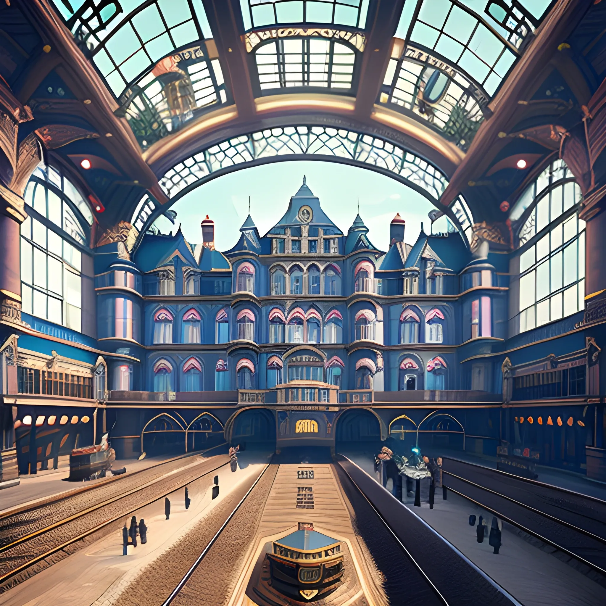 masterpiece, steampunk central train station, in the style of the Grand Budapest Hotel, film quality, unreal engine, matte, award-winning, beautiful studio Darklight