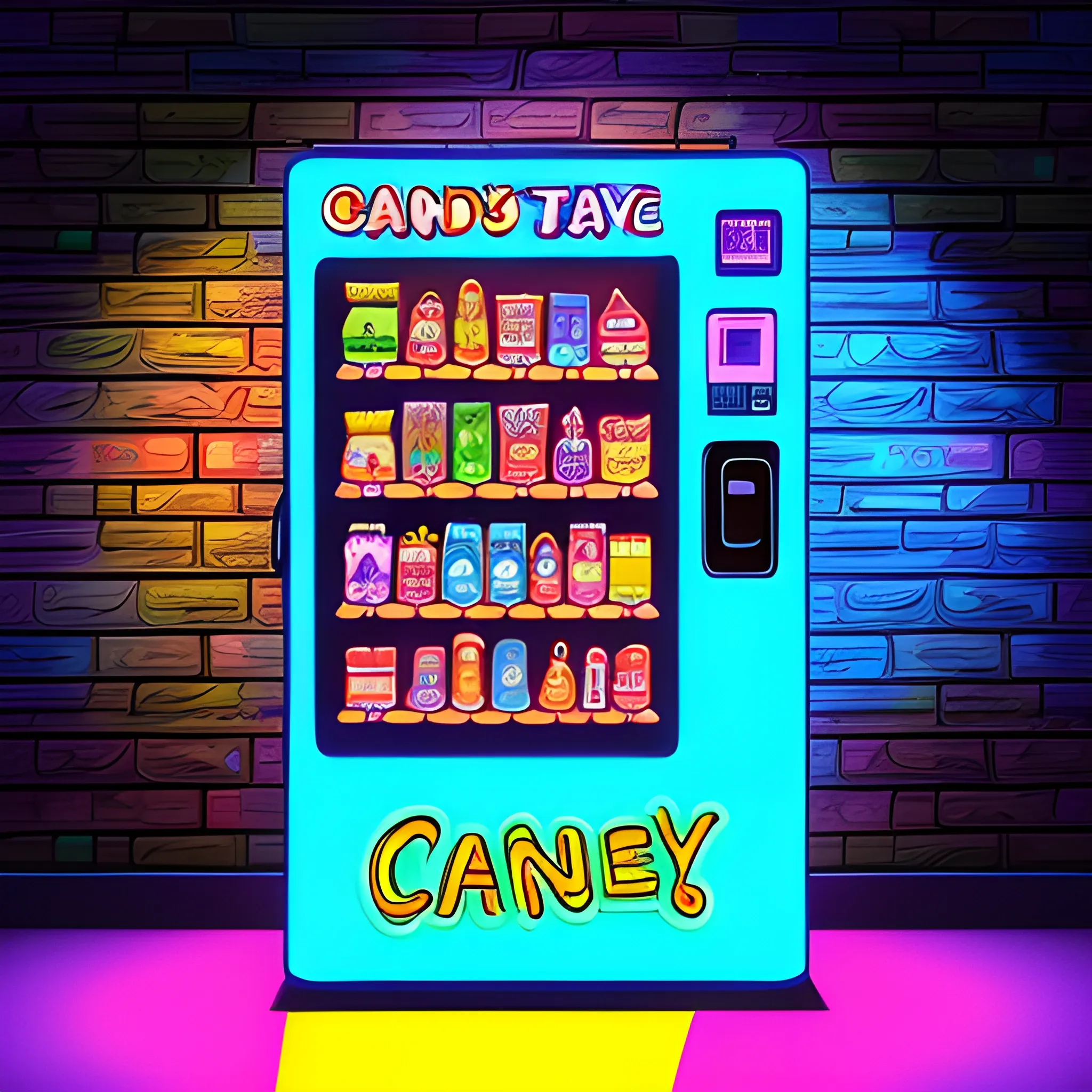 vending machine with candy, drinks, toys in a digital drawing style with neon lights, camera at an angle, wooden wall background and a window on the side., Cartoon