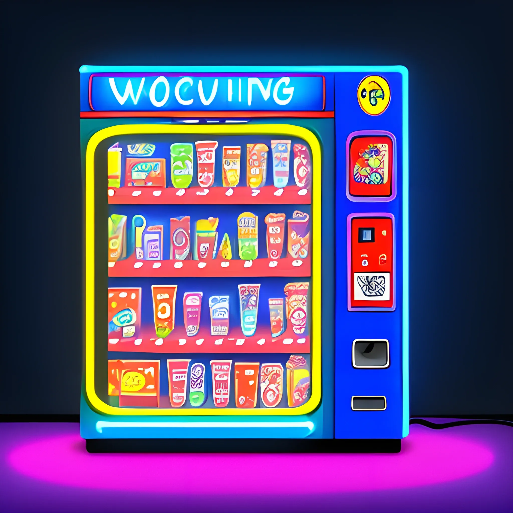 vending machine with candy, drinks, toys in a digital drawing style with neon lights, camera at an angle, wooden wall background and a window on the side., Cartoon