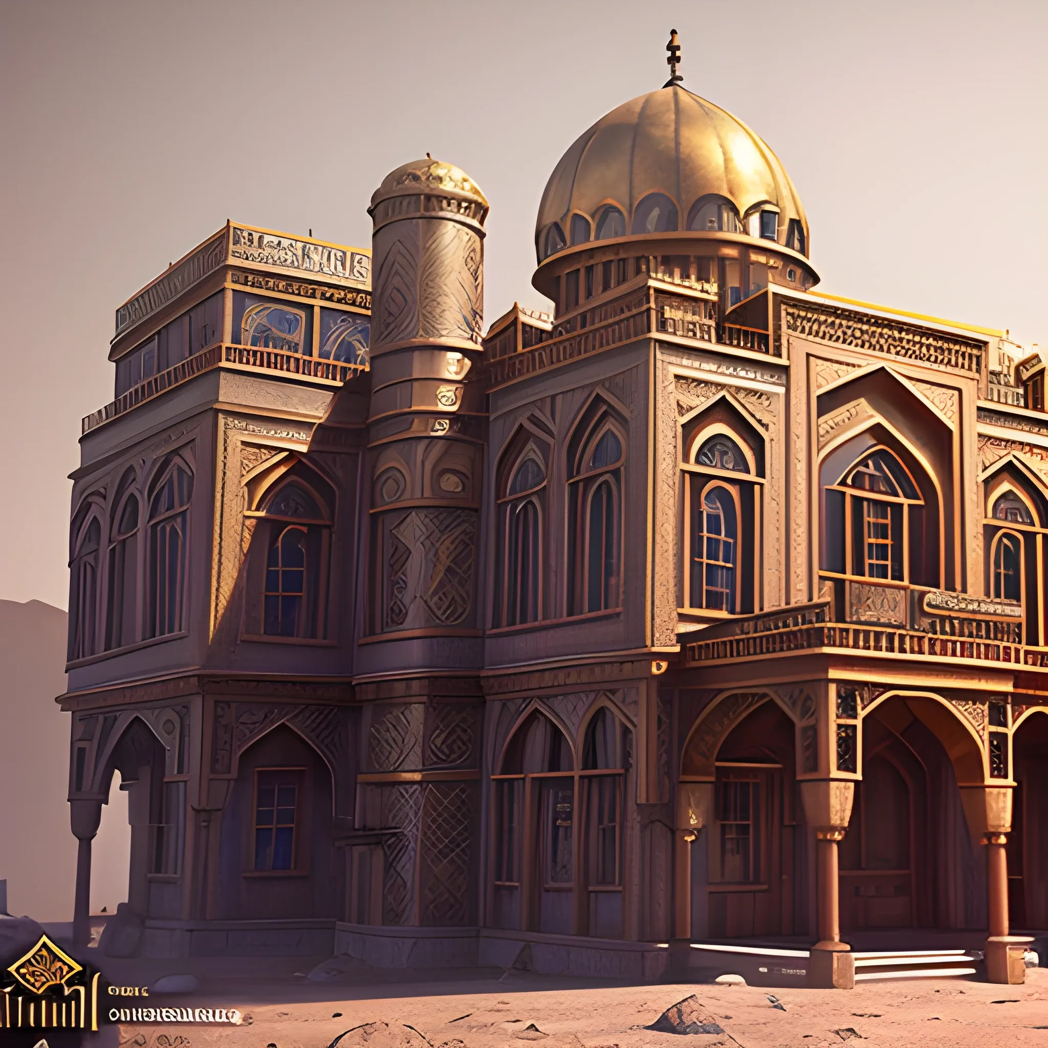 masterpiece, steampunk Middle eastern palace,  in the style of the shining, film quality, unreal engine, matte, award-winning, beautiful studio Darklight