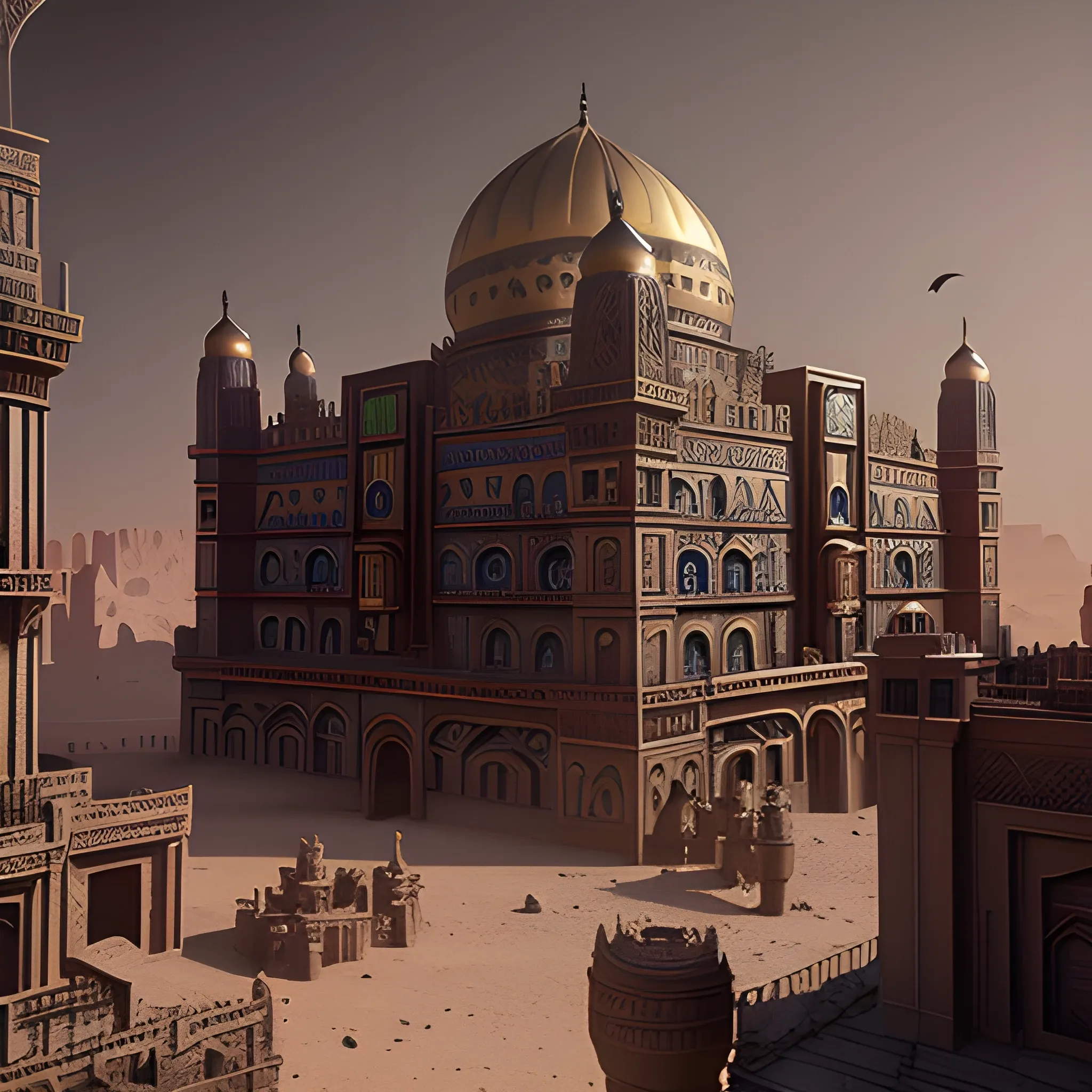 masterpiece, steampunk Middle eastern palace,  in the style of the third man, film quality, unreal engine, matte, award-winning, beautiful studio Darklight