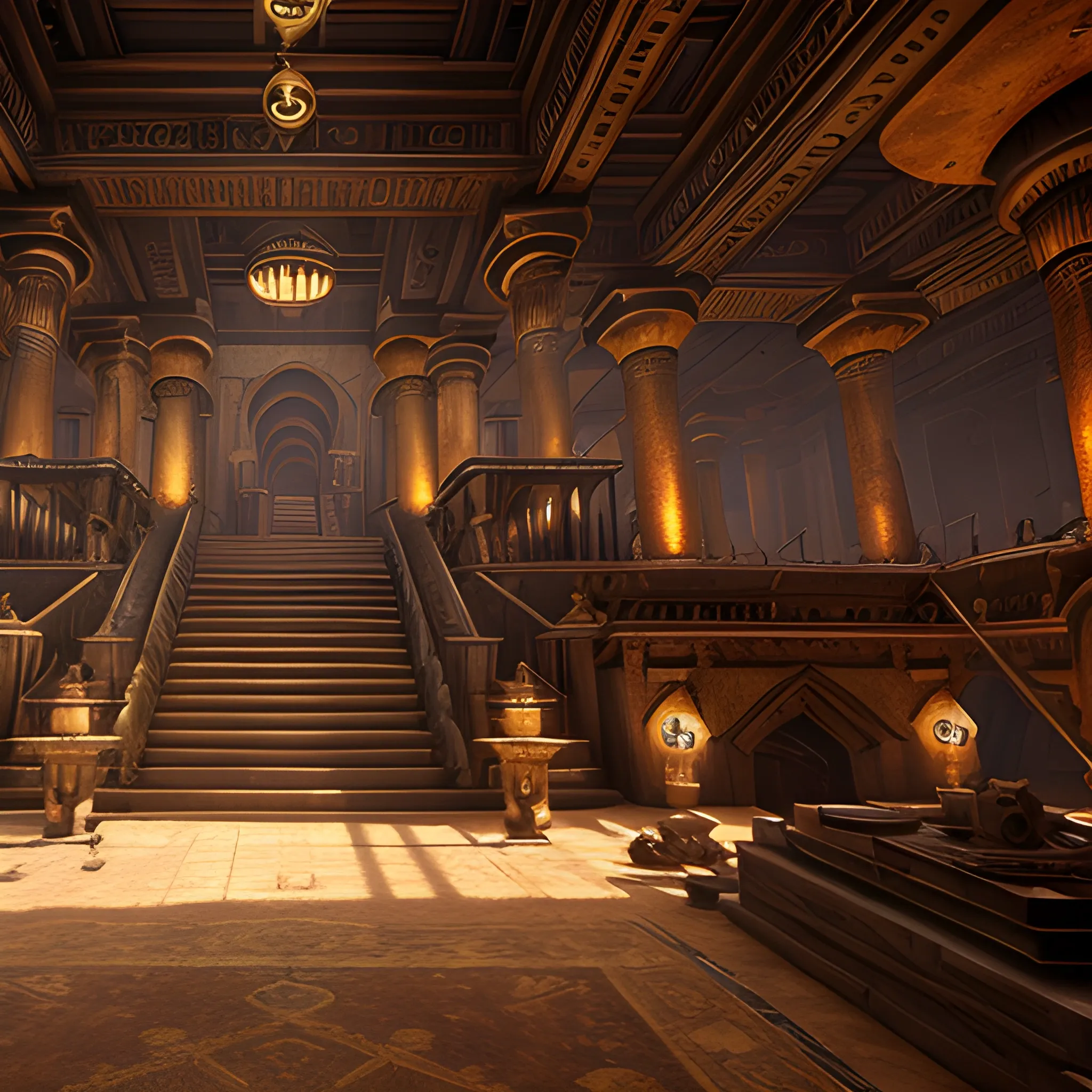 masterpiece, steampunk Middle eastern palace,  in the style of the raiders of the lost ark, film quality, unreal engine, matte, award-winning, beautiful studio Darklight