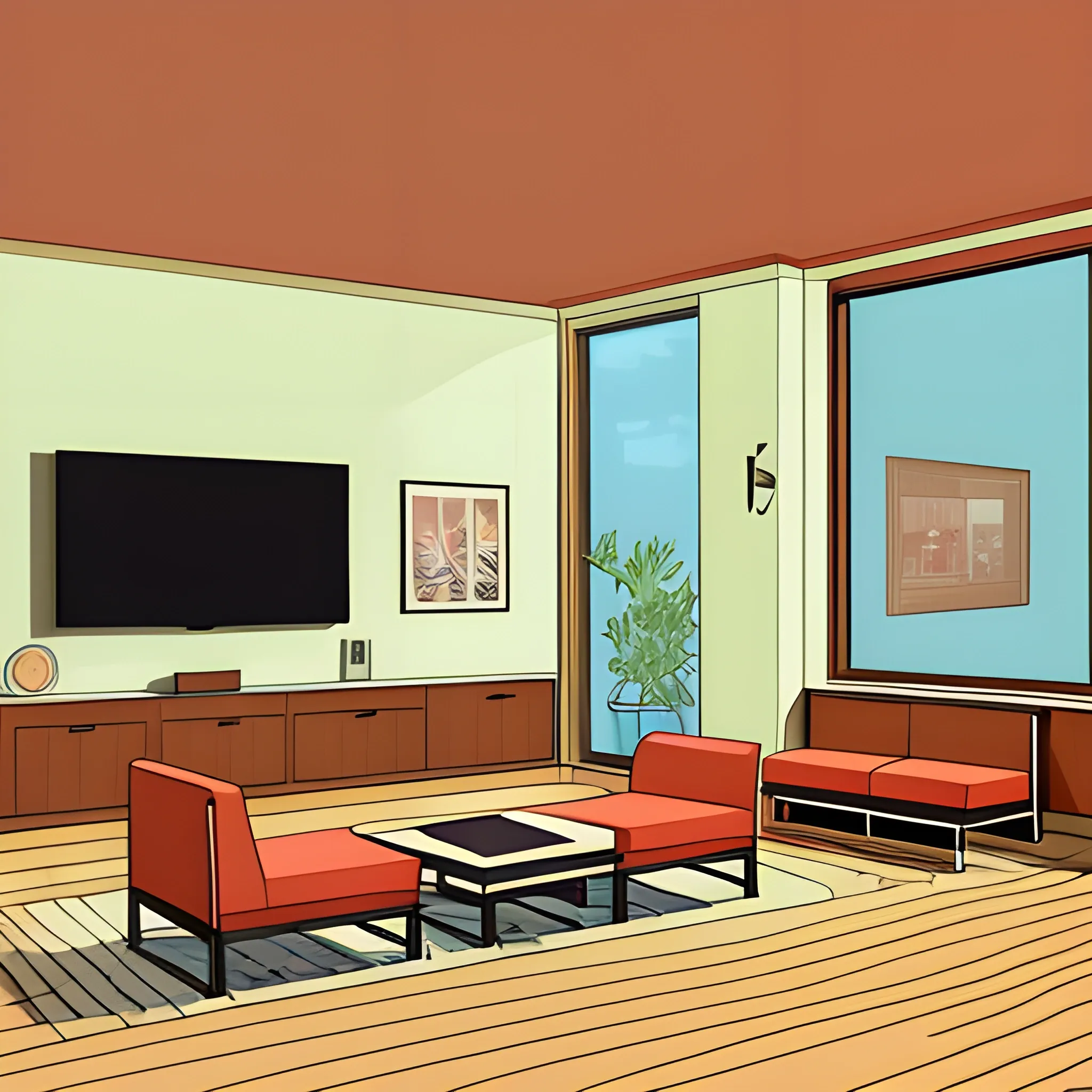 living room with table and benches with a television on the front wall, with frontal viewing angles, with digital drawing style in warm colors.