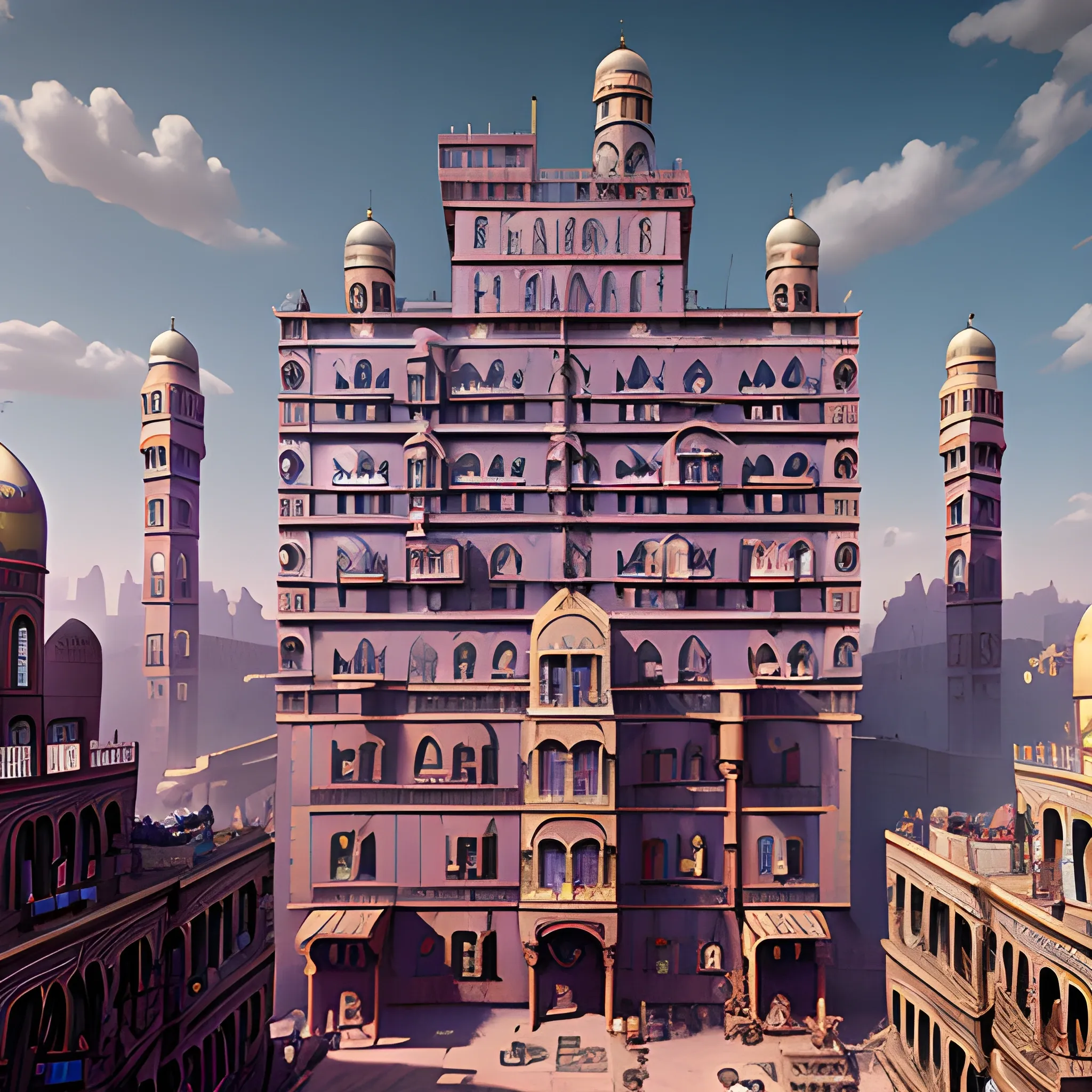 masterpiece, steampunk Middle eastern Harlem, in the style of the Grand Budapest Hotel, film quality, unreal engine, matte, award-winning, beautiful studio Darklight