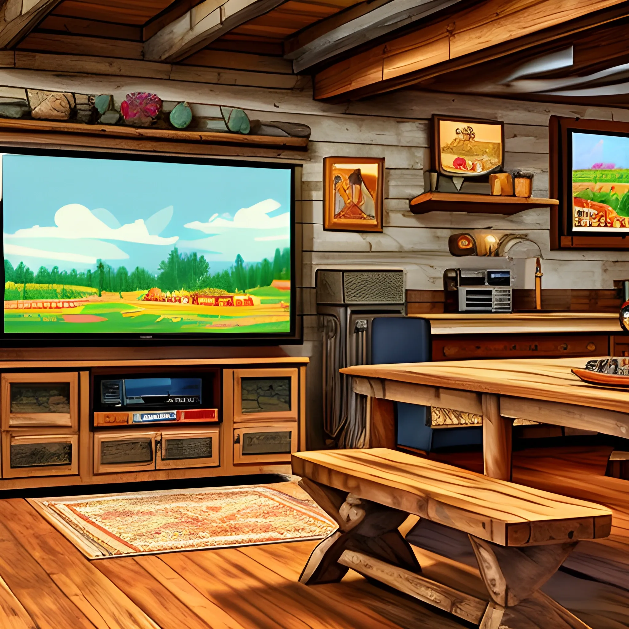 Rustic Living Room With Wooden Table