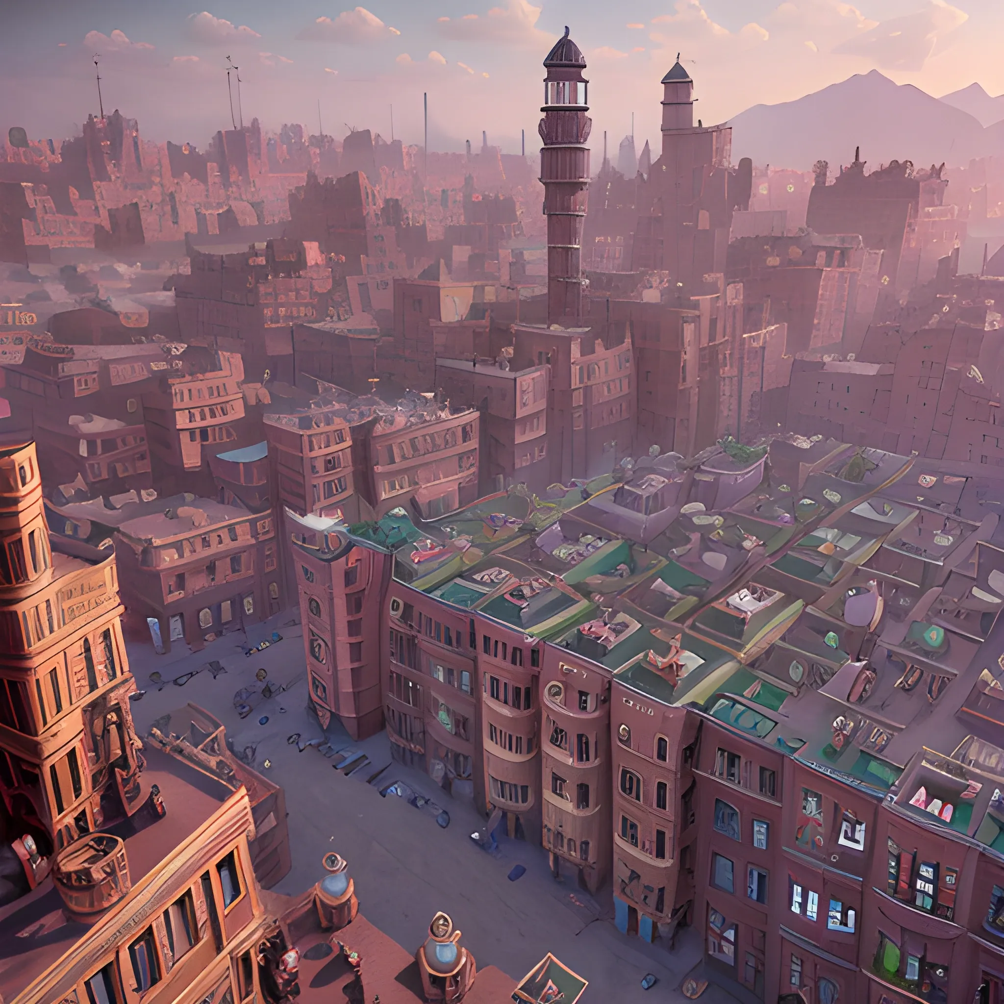 masterpiece, bird's eye view of steampunk Middle eastern Harlem, in the style of the Grand Budapest Hotel, film quality, unreal engine, matte, award-winning, beautiful studio Darklight