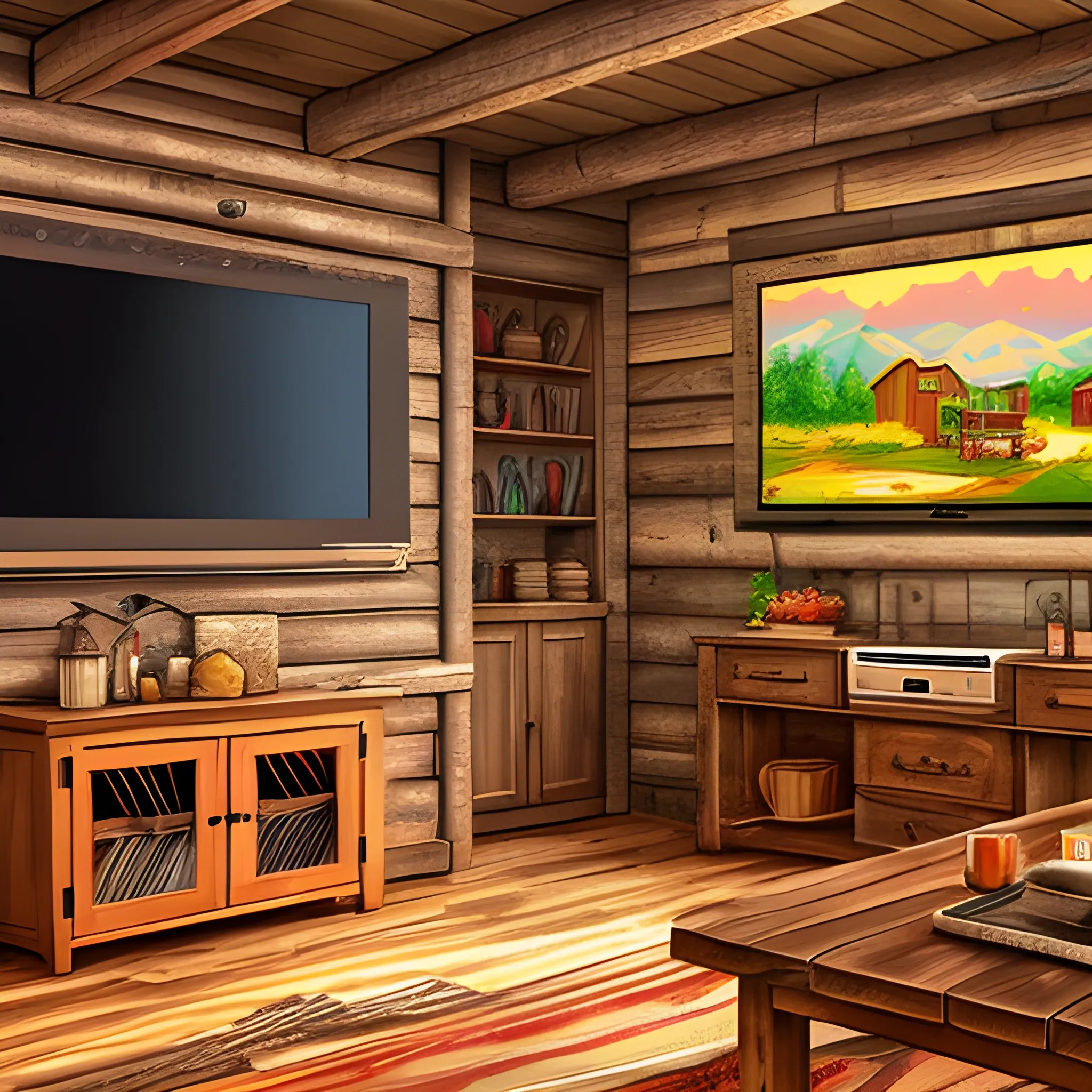 rustic living room with wooden table and benches with a television on the front wall, with frontal viewing angles, with digital drawing style in warm colors., Cartoon