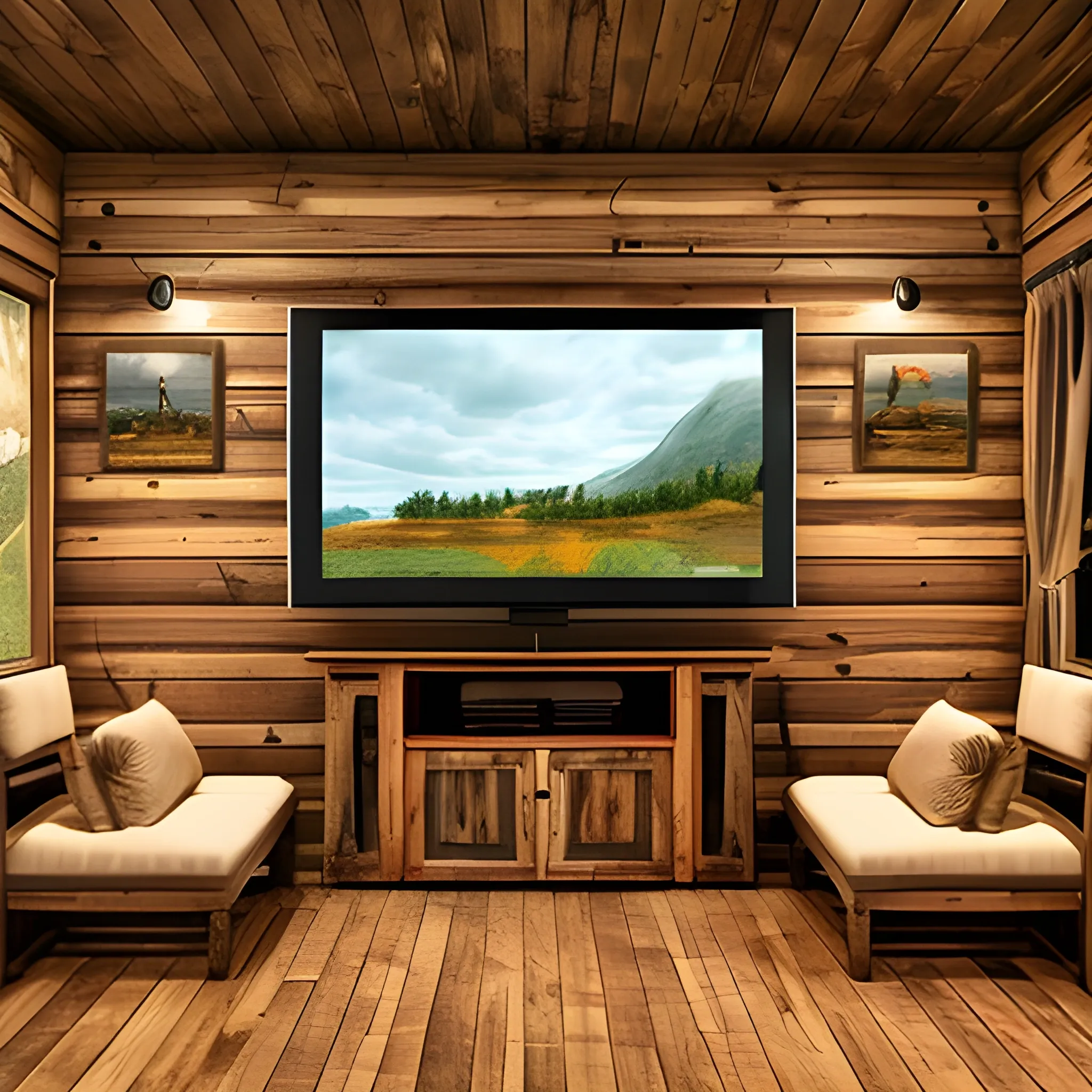 rustic living room with wooden table and benches with a television on the front wall, with frontal viewing angles, with digital drawing style in warm colors.