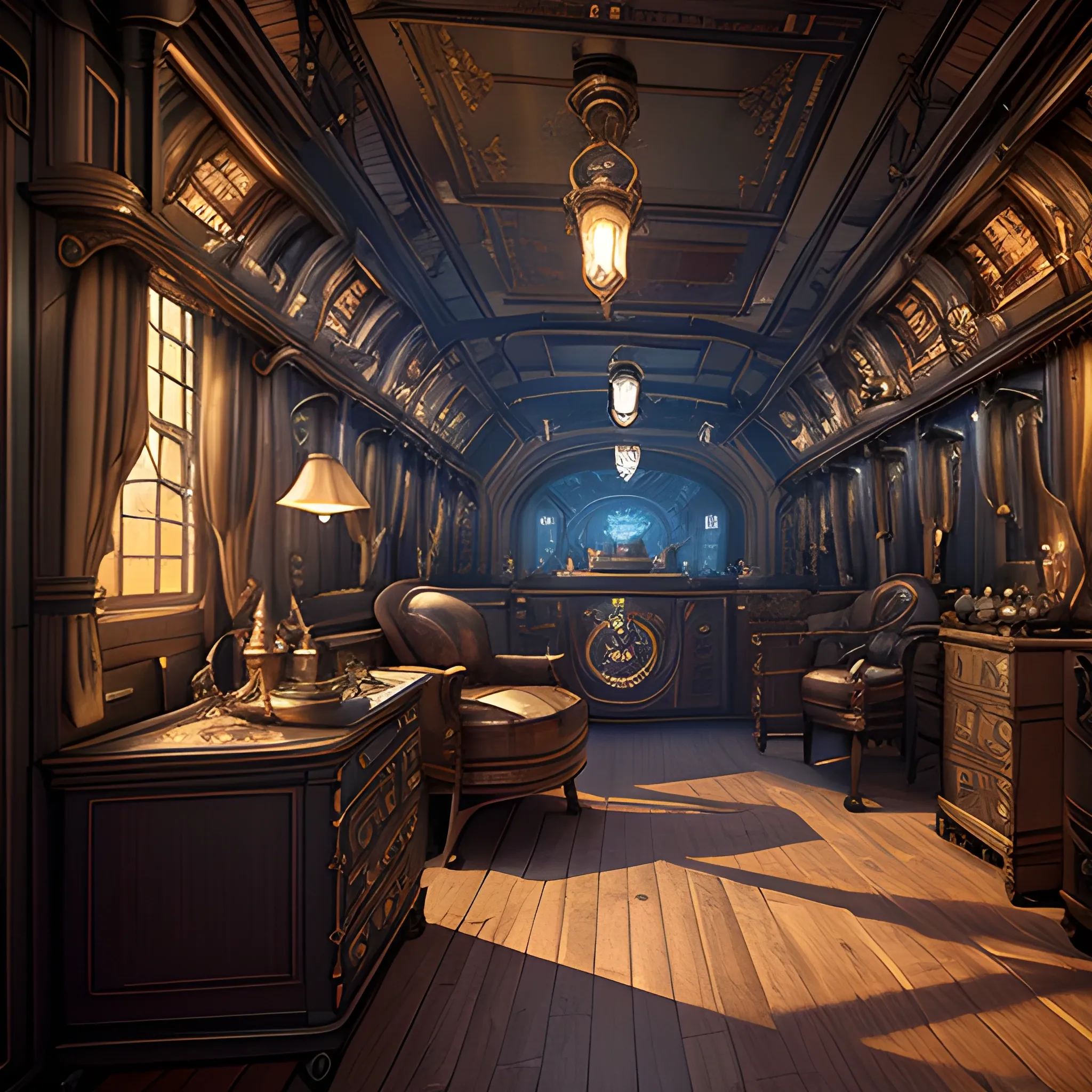 masterpiece, steampunk morgue, in the style of the Orient EXpress, pensive mood， film quality, unreal engine, matte, award-winning, beautiful studio Darklight