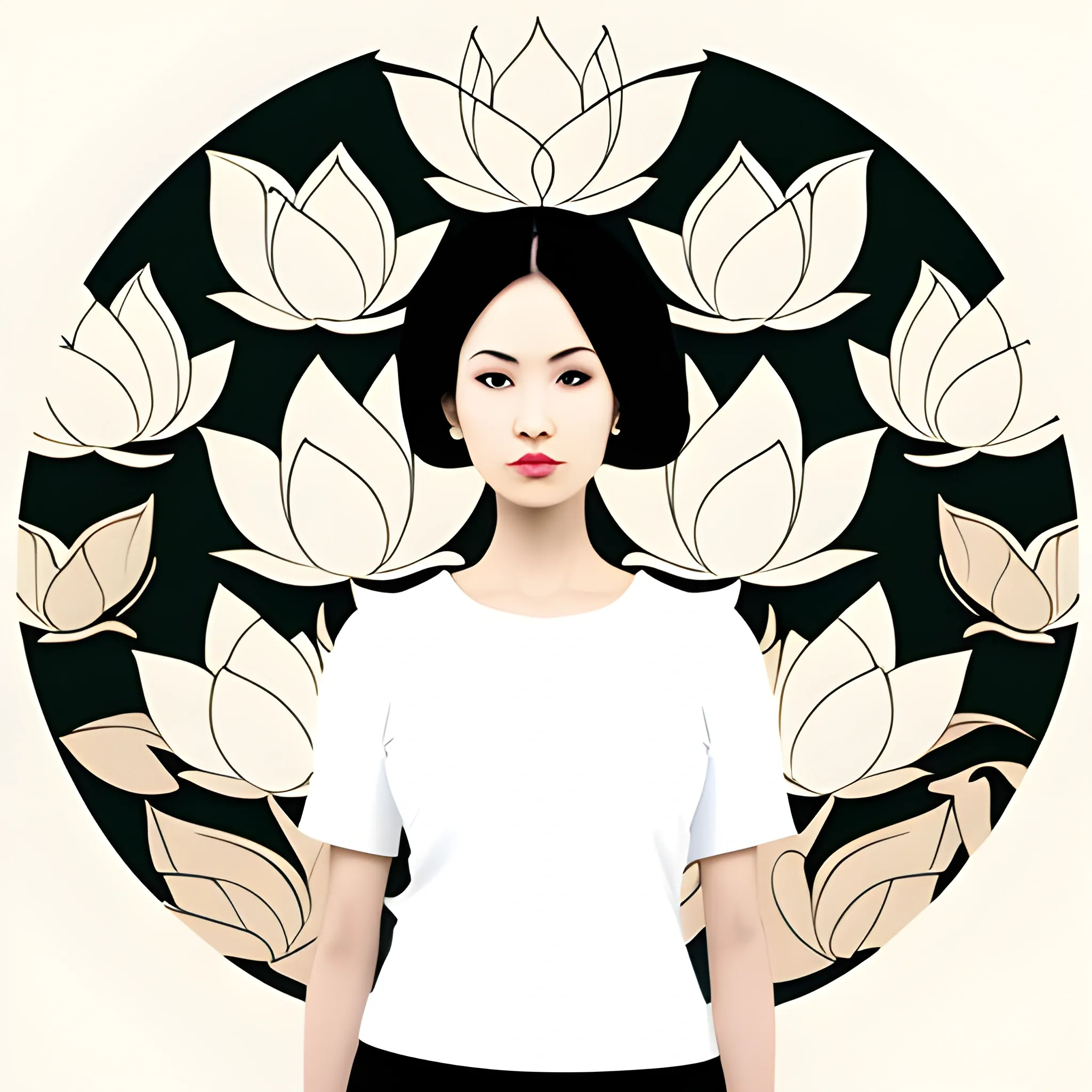 Woman standing next to lotus flower, oriental minimalist style, white background