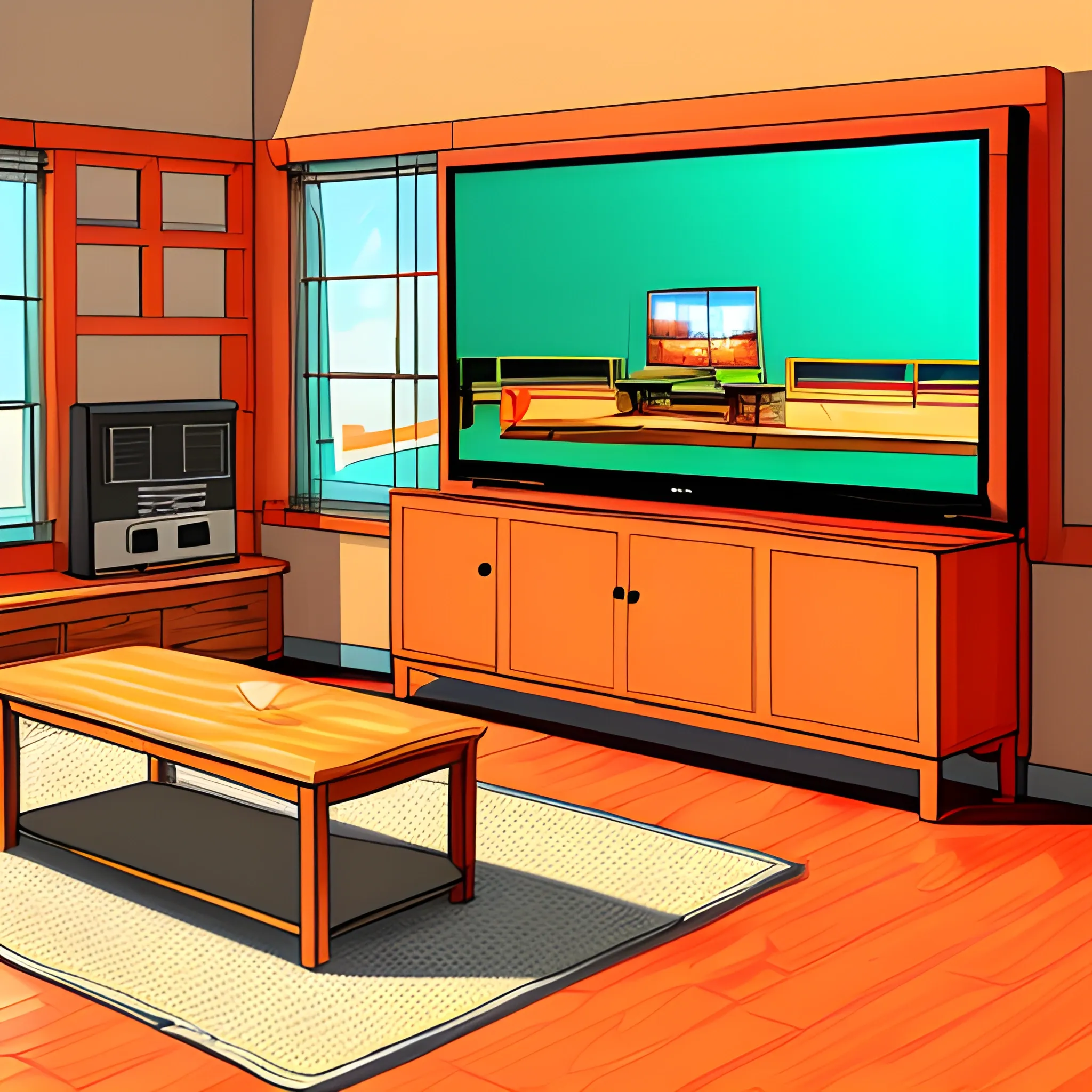 living room with wooden table and benches with a television on the front wall, with frontal viewing angles, with digital drawing style in warm colors.