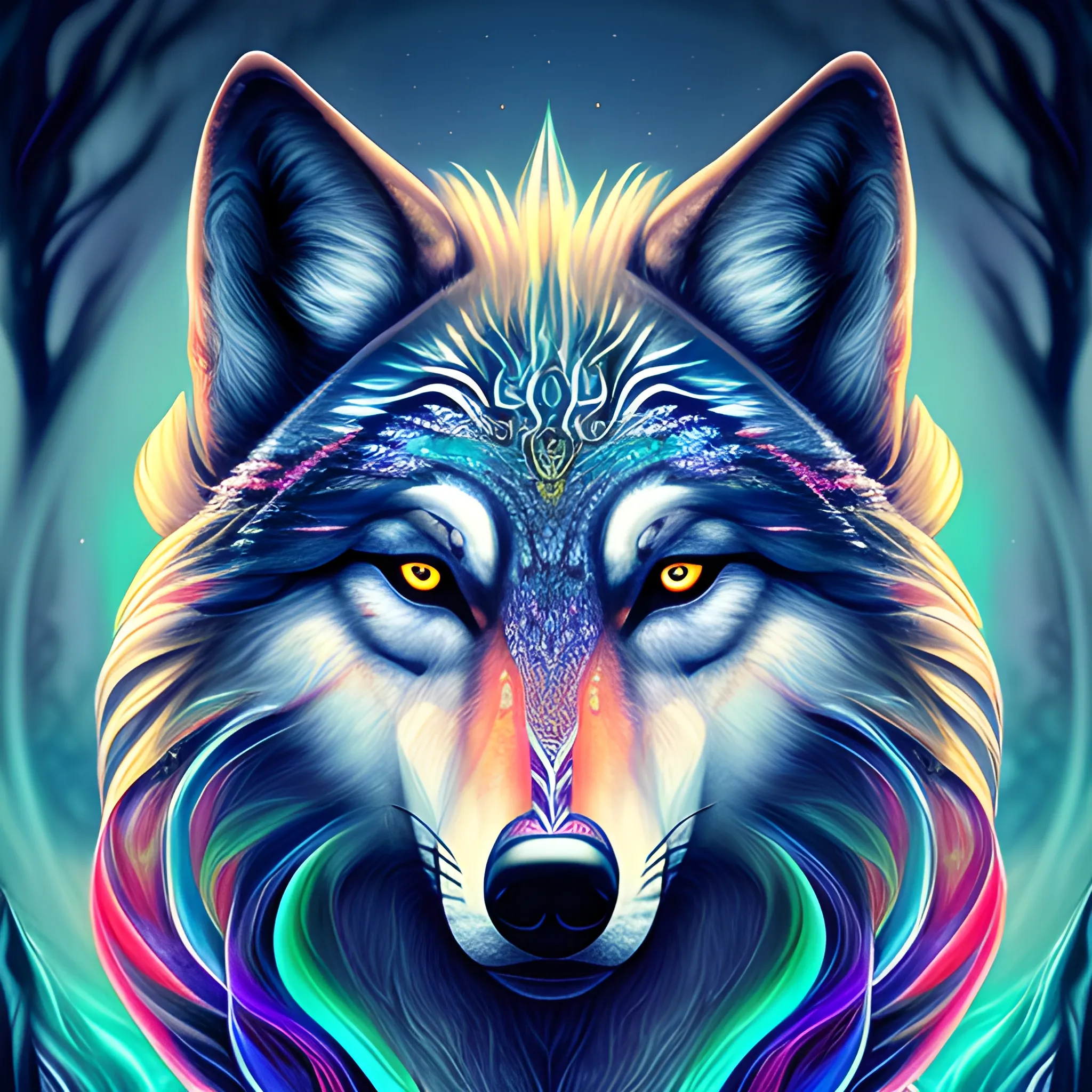 a perfect portrait of a wolf, an extremely psychedelic experience, colorful, surreal, spiral eyes, long hair, full moon in the background, smog, fantasy, elegant, hyperrealistic, highly detailed, detailed, filigree, smooth digital painting, art station, concept art, sharp focus, illustration for flyer