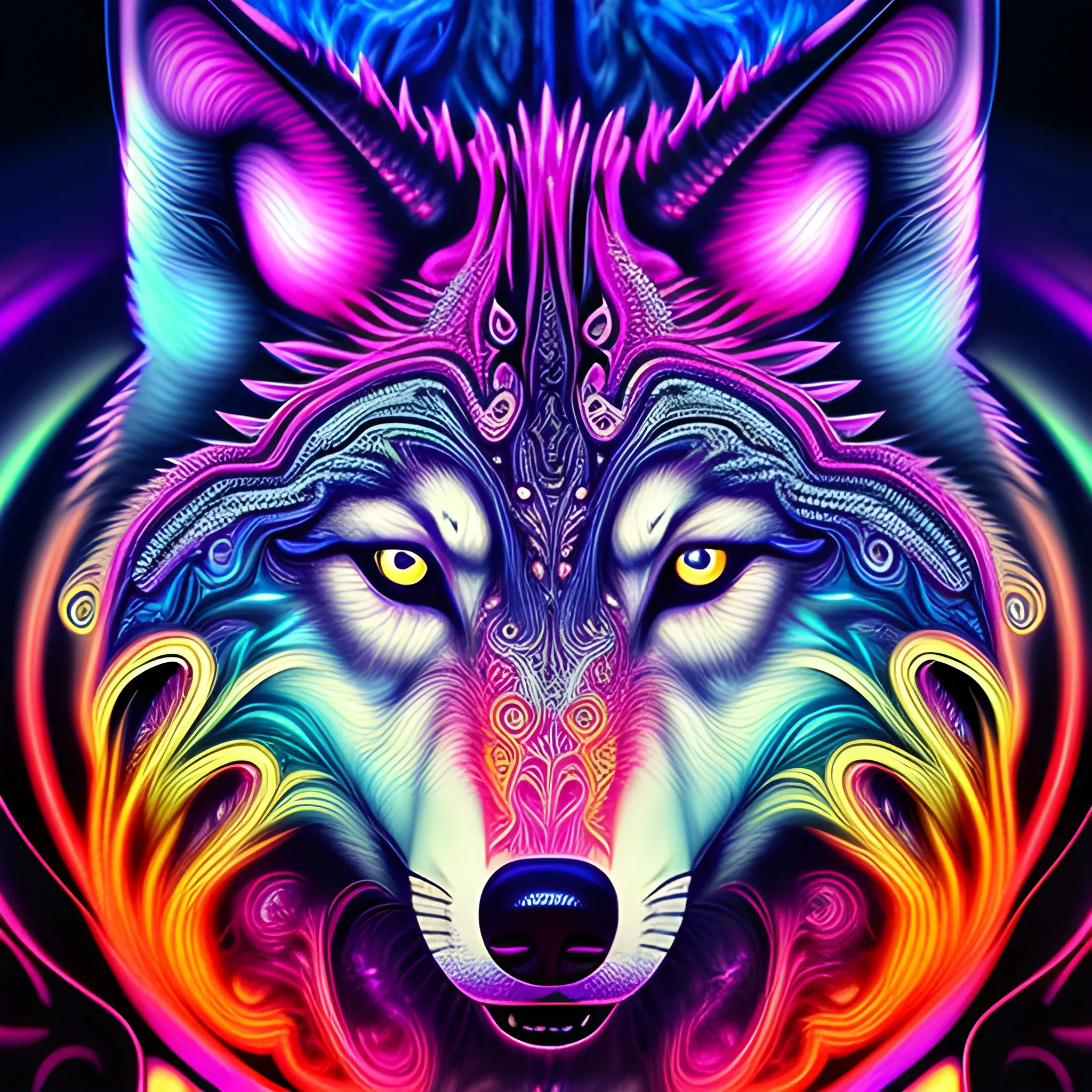 a portrait of a wolf, spiral eyes, an extremely psychedelic digital art, colorful, intricate, hyper realistic, finely detailed, filigree, fractal background, synthwave, psychedelic digital art, Trippy, 3D