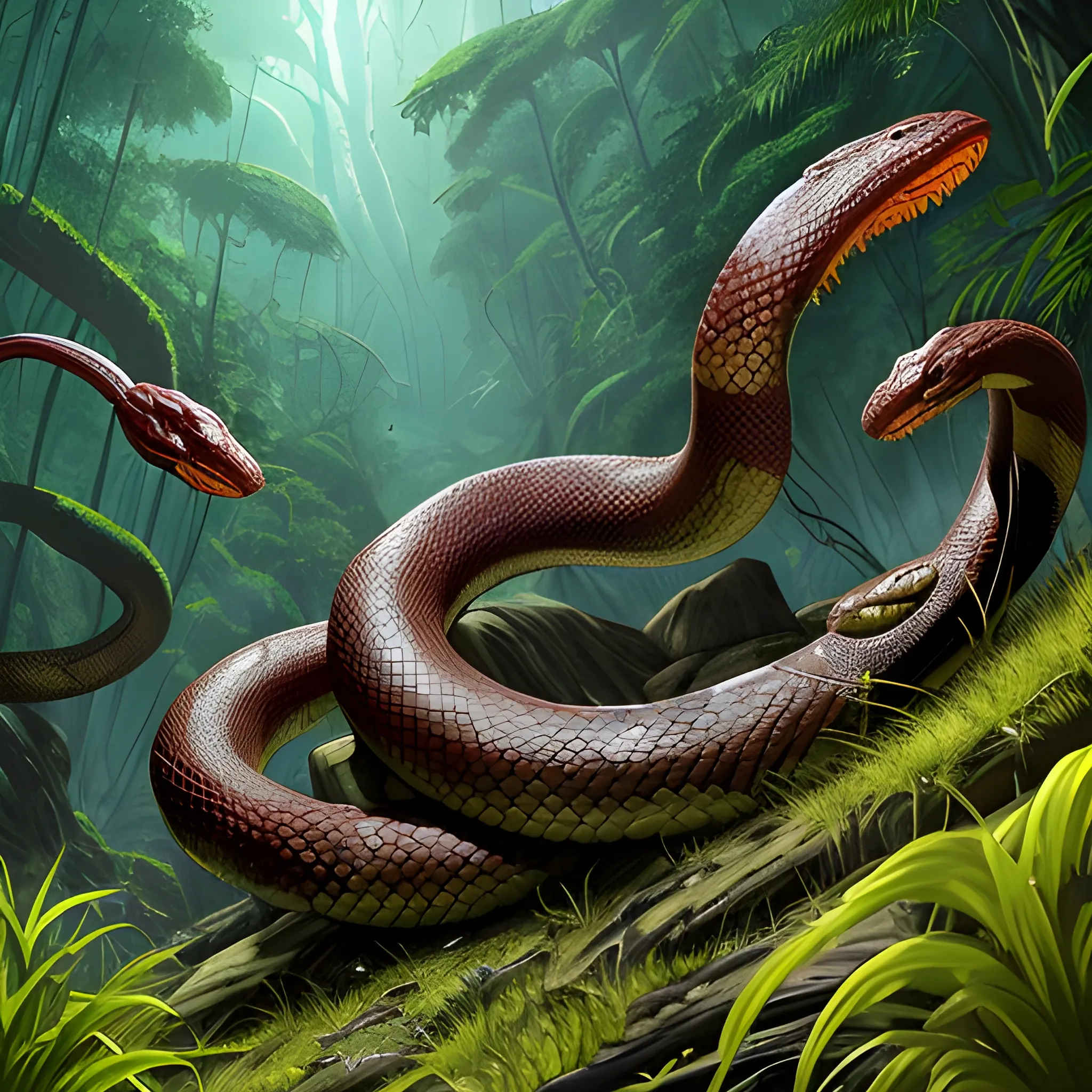Appearance: The Giant Poisonous Snake is a massive and fearsome reptile, much larger than its smaller counterpart. It has a thick and muscular body, and its scales can have a range of colors, from mottled greens and browns to striking patterns that allow it to blend in with its surroundings. The snake's head is large and triangular, with a pair of long, hollow fangs through which it delivers its potent venom.

Features: The Giant Poisonous Snake is known for its deadly venomous bite, which it uses to incapacitate and devour prey. Its venom is significantly more potent than that of its smaller cousin, making it a formidable threat to adventurers. A bite from a Giant Poisonous Snake can cause severe pain, paralysis, or even death, depending on the creature's size and resilience.

Habitat: Giant Poisonous Snakes typically inhabit dense jungles, dark swamps, and other untamed wilderness areas. They prefer warm and humid environments and may be found in hidden lairs or lurking near water sources. In your DND world, they could guard sacred sites or serve as minions of malevolent beings.

Behavior: Like their smaller counterparts, Giant Poisonous Snakes are stealthy predators, using their large size and camouflage to ambush prey. They strike swiftly and accurately, delivering their venom to immobilize their victims before consuming them. While generally non-aggressive, they may attack if they feel threatened or if potential prey ventures too close.

Role in the World: In your DND world, Giant Poisonous Snakes could be apex predators in their habitat, feared and respected by other creatures. They might be associated with ancient legends or guarded by nature spirits. Druids and rangers might view them as symbols of balance and the wild's dangers.

Encountering a Giant Poisonous Snake in the wild is a perilous and potentially deadly event for adventurers. The snake's venomous bite can have severe consequences, making quick thinking and decisive action essential to survive an encounter. Players must be well-prepared with protective spells, antidotes, or other means to counteract the venom's effects.

The presence of Giant Poisonous Snakes in your campaign can create an atmosphere of danger and suspense, particularly in jungles or other untamed regions. Players will need to be vigilant and cautious during their explorations, as the looming threat of these massive venomous serpents adds an element of peril to their adventures. Giant Poisonous Snakes can serve as significant challenges for higher-level adventurers, reminding them of the dangers that still lurk even in seemingly familiar environments.
