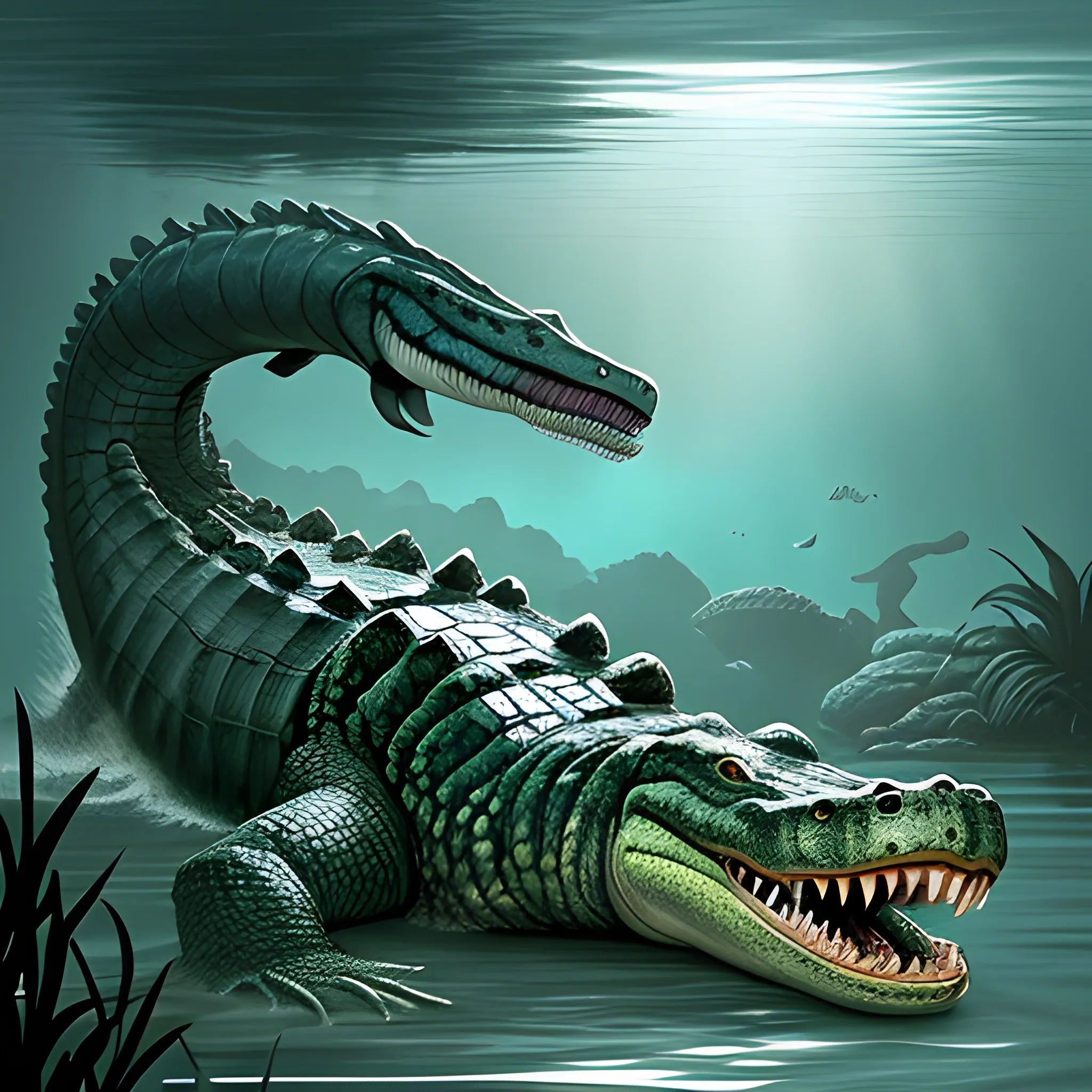 Appearance: The Giant Crocodile is an enormous and monstrous reptile, dwarfing its smaller counterpart in size and power. It has a massive body covered in thick and rugged scales that can range from dark greens to deep browns, perfectly camouflaging it in its aquatic habitat. Its long and powerful tail serves as a formidable weapon, enabling it to swim swiftly and strike with devastating force. The Giant Crocodile's eyes gleam with an intelligence and predatory instinct that sets it apart from ordinary creatures.

Features: The Giant Crocodile is a colossal apex predator, boasting immense strength and resilience. Its jaws are filled with rows of sharp teeth, capable of crushing bones and armor with ease. Unlike its smaller kin, the Giant Crocodile is fully adapted for a purely aquatic lifestyle, rarely venturing onto land except to bask in the sun or establish dominance in its territory.

Habitat: Giant Crocodiles prefer large bodies of freshwater, such as expansive rivers, deep lakes, and marshlands. They are territorial creatures, claiming vast stretches of water as their hunting grounds. In your DND world, they could inhabit mysterious swamps or hidden lagoons, guarding ancient secrets or treasures.

Behavior: As ambush predators, Giant Crocodiles are masters of surprise attacks. They remain mostly submerged, with only their eyes and nostrils visible above the water's surface. When potential prey ventures too close, the Giant Crocodile strikes with astonishing speed and strength, dragging victims underwater to drown or consume.

Role in the World: In your DND world, Giant Crocodiles could be legendary creatures, feared and respected by both locals and adventurers alike. They might be considered as guardians of ancient temples or revered as avatars of primordial nature. Druids and rangers might see them as symbols of untamed and primal power.

Encountering a Giant Crocodile in the wild is a dangerous and potentially deadly event for adventurers. Its size and power make it an incredibly challenging opponent, even for a well-prepared party. Players must exercise extreme caution when navigating bodies of water known to be inhabited by Giant Crocodiles, as these creatures can deliver swift and lethal attacks.

The presence of Giant Crocodiles in your campaign can create an atmosphere of danger and trepidation when exploring swampy and aquatic environments. Players will need to be constantly vigilant and employ strategic thinking to avoid becoming victims of these monstrous reptiles. Crossing waterways or searching for hidden artifacts in areas known to be Giant Crocodile territory can create a sense of high stakes and urgency in your DND world.