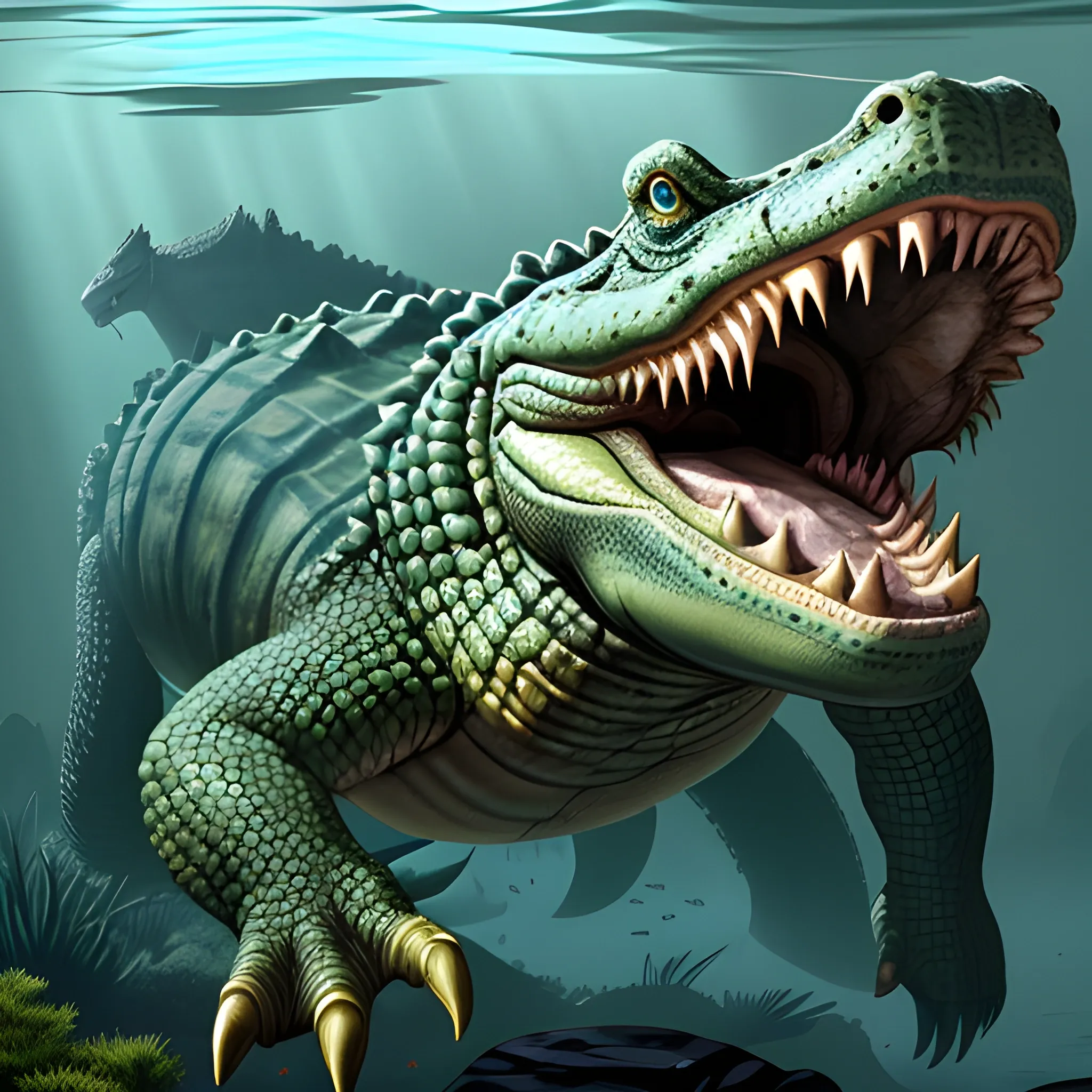 Appearance: The Giant Crocodile is an enormous and monstrous reptile, dwarfing its smaller counterpart in size and power. It has a massive body covered in thick and rugged scales that can range from dark greens to deep browns, perfectly camouflaging it in its aquatic habitat. Its long and powerful tail serves as a formidable weapon, enabling it to swim swiftly and strike with devastating force. The Giant Crocodile's eyes gleam with an intelligence and predatory instinct that sets it apart from ordinary creatures.

Features: The Giant Crocodile is a colossal apex predator, boasting immense strength and resilience. Its jaws are filled with rows of sharp teeth, capable of crushing bones and armor with ease. Unlike its smaller kin, the Giant Crocodile is fully adapted for a purely aquatic lifestyle, rarely venturing onto land except to bask in the sun or establish dominance in its territory.

Habitat: Giant Crocodiles prefer large bodies of freshwater, such as expansive rivers, deep lakes, and marshlands. They are territorial creatures, claiming vast stretches of water as their hunting grounds. In your DND world, they could inhabit mysterious swamps or hidden lagoons, guarding ancient secrets or treasures.

Behavior: As ambush predators, Giant Crocodiles are masters of surprise attacks. They remain mostly submerged, with only their eyes and nostrils visible above the water's surface. When potential prey ventures too close, the Giant Crocodile strikes with astonishing speed and strength, dragging victims underwater to drown or consume.

Role in the World: In your DND world, Giant Crocodiles could be legendary creatures, feared and respected by both locals and adventurers alike. They might be considered as guardians of ancient temples or revered as avatars of primordial nature. Druids and rangers might see them as symbols of untamed and primal power.

Encountering a Giant Crocodile in the wild is a dangerous and potentially deadly event for adventurers. Its size and power make it an incredibly challenging opponent, even for a well-prepared party. Players must exercise extreme caution when navigating bodies of water known to be inhabited by Giant Crocodiles, as these creatures can deliver swift and lethal attacks.

The presence of Giant Crocodiles in your campaign can create an atmosphere of danger and trepidation when exploring swampy and aquatic environments. Players will need to be constantly vigilant and employ strategic thinking to avoid becoming victims of these monstrous reptiles. Crossing waterways or searching for hidden artifacts in areas known to be Giant Crocodile territory can create a sense of high stakes and urgency in your DND world.