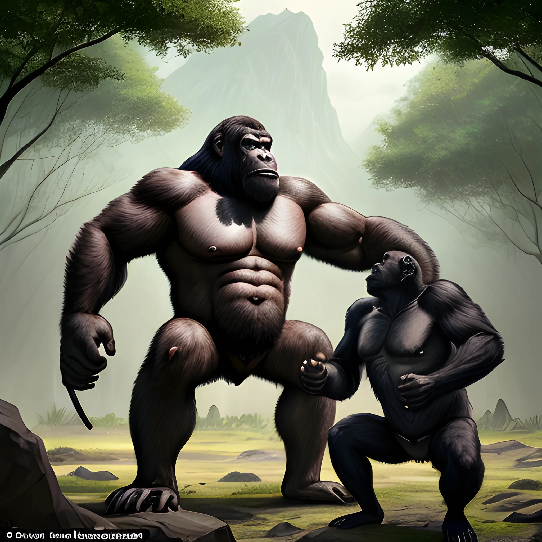Appearance: The Strong-Looking Ape is a large and imposing primate, exuding raw strength and power in its every movement. It has a robust and muscular body covered in coarse, dark fur, which can range from black to deep brown or reddish hues. Its shoulders are broad and powerful, and its arms are long and muscular, capable of delivering devastating blows. The Strong-Looking Ape's face is expressive, with intelligent eyes that convey both curiosity and a hint of primal ferocity.

Features: The Strong-Looking Ape is a formidable creature, possessing incredible physical strength and agility. Its powerful arms allow it to swing through trees with ease, making it a skilled climber and acrobat. In addition to its raw physical power, the Strong-Looking Ape's thick fur offers protection against environmental elements and minor injuries.

Habitat: Strong-Looking Apes are typically found in dense jungles, vast forests, and remote mountainous regions. They are highly adaptable creatures, capable of surviving in a variety of environments. In your DND world, they might inhabit hidden valleys or ancient ruins, guarding sacred territories or serving as protectors of natural wonders.

Behavior: While the Strong-Looking Ape is an intelligent creature, it primarily relies on its physical prowess to navigate its surroundings and interact with others. It lives in social groups or troops, exhibiting complex communication through vocalizations, body language, and gestures. While generally non-aggressive toward other creatures, the Strong-Looking Ape fiercely defends its territory and family from perceived threats.

Role in the World: In your DND world, Strong-Looking Apes could be seen as noble creatures embodying the untamed spirit of nature. Druids and rangers might have a special connection with these primates, viewing them as symbols of strength, adaptability, and primal wisdom.

Encountering a Strong-Looking Ape in the wild can be a captivating and potentially dangerous experience for adventurers. Players may witness the ape's impressive physical abilities as it swings effortlessly through the trees or engages in playful displays with other members of its troop. While generally non-aggressive, provoking or threatening a Strong-Looking Ape or its family could lead to a fierce defense, forcing players to use diplomacy or demonstrate respect for the creatures' territory.

The presence of Strong-Looking Apes in your campaign adds an element of mystery and awe to the wilderness. Players might encounter these intelligent and powerful creatures during their explorations, offering opportunities for unique and memorable interactions. Strong-Looking Apes can serve as guardians of ancient sites, allies to druids seeking to protect the natural world, or even opponents in thrilling feats of strength and agility. Their presence in your DND world contributes to the rich tapestry of wildlife and brings a sense of wonder to the untamed corners of your campaign setting.
