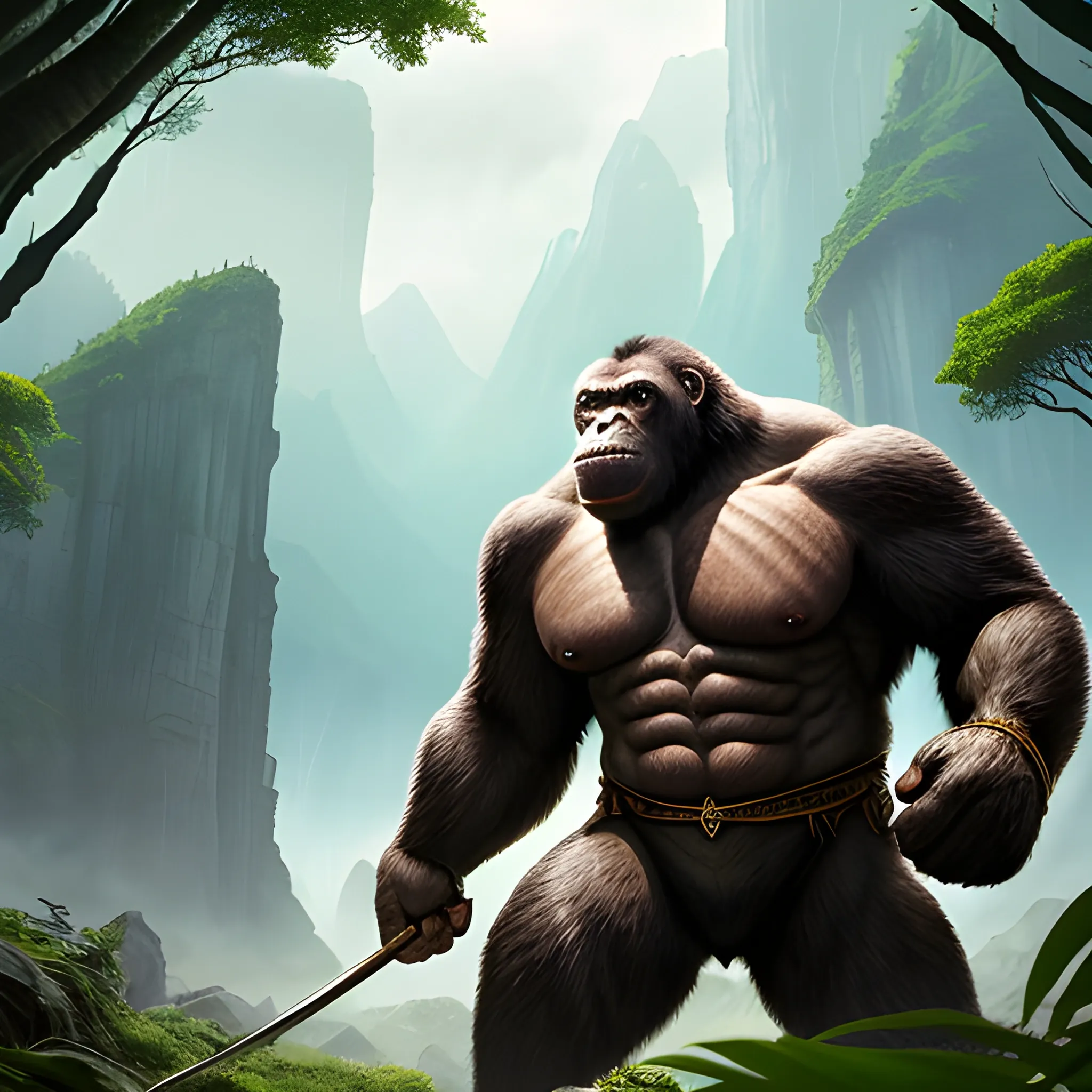 Appearance: The Giant Strong-Looking Ape is a colossal and awe-inspiring creature, towering over its smaller relatives with unmatched size and strength. It stands at least 15 feet tall when fully upright, its massive frame covered in thick and coarse fur that can range from dark brown to gray. The ape's muscular arms are capable of delivering devastating blows, and its hands have opposable thumbs, allowing it to manipulate objects with surprising dexterity for a creature of its size.

Features: The Giant Strong-Looking Ape is a behemoth of raw power, possessing unmatched physical strength and resilience. Its formidable arms and massive claws make it a terrifying combatant, capable of crushing enemies with ease. In addition to its physical prowess, the Giant Strong-Looking Ape's intelligence is exceptional, enabling it to solve problems and even learn simple communication with others.

Habitat: Giant Strong-Looking Apes inhabit remote and isolated regions, such as deep jungles, unexplored mountains, or hidden valleys. They are reclusive creatures, rarely encountered by humanoids. In your DND world, they might be guardians of ancient temples or sacred groves, revered as wise and powerful beings.

Behavior: The Giant Strong-Looking Ape lives in small family groups, consisting of a dominant male, females, and offspring. While generally peaceful, they are fiercely protective of their territory and kin, resorting to aggressive displays or combat if threatened. Despite their fearsome appearance, they prefer to avoid conflict and are known to be surprisingly gentle with those who show respect and kindness.

Role in the World: In your DND world, Giant Strong-Looking Apes could be enigmatic and mythical beings, seen as guardians of ancient secrets or protectors of nature's balance. Druids and rangers might form deep bonds with these majestic creatures, viewing them as ancient and wise allies in their quest to safeguard the natural world.

Encountering a Giant Strong-Looking Ape in the wild is a rare and breathtaking event for adventurers. Players may feel a sense of awe and wonder as they behold this colossal creature, dwarfing everything around it with its immense size. If approached with caution and respect, adventurers might witness the intelligence and wisdom behind the Giant Strong-Looking Ape's eyes, offering opportunities for meaningful interactions and alliances.

The presence of Giant Strong-Looking Apes in your campaign adds an air of mystery and majesty to remote and unexplored regions. Players may encounter these legendary creatures while venturing into uncharted territories or seeking to uncover ancient knowledge. Interacting with Giant Strong-Looking Apes can become a profound and transformative experience for adventurers, reminding them of the delicate balance between humanity and the natural world. These colossal beings can serve as both formidable opponents and steadfast allies, enriching the tapestry of your DND world with their legendary presence.