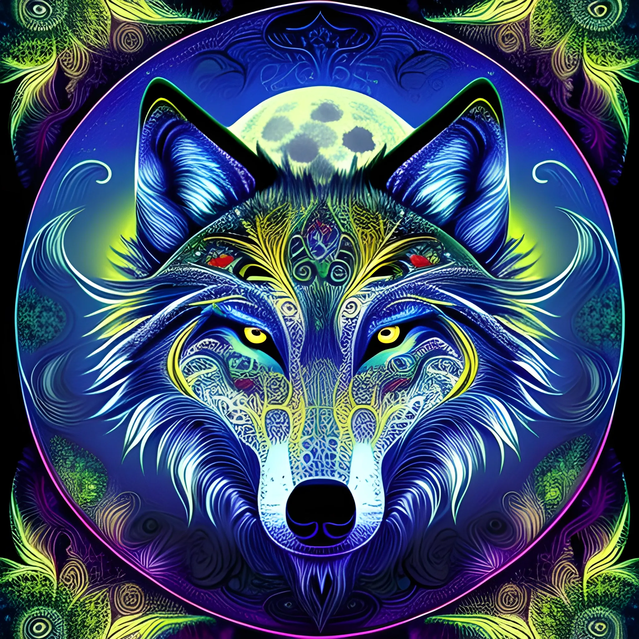 organic wolf under the moon, ayahuasca art, intricated, colorful, finely detailed, fractal in the background 