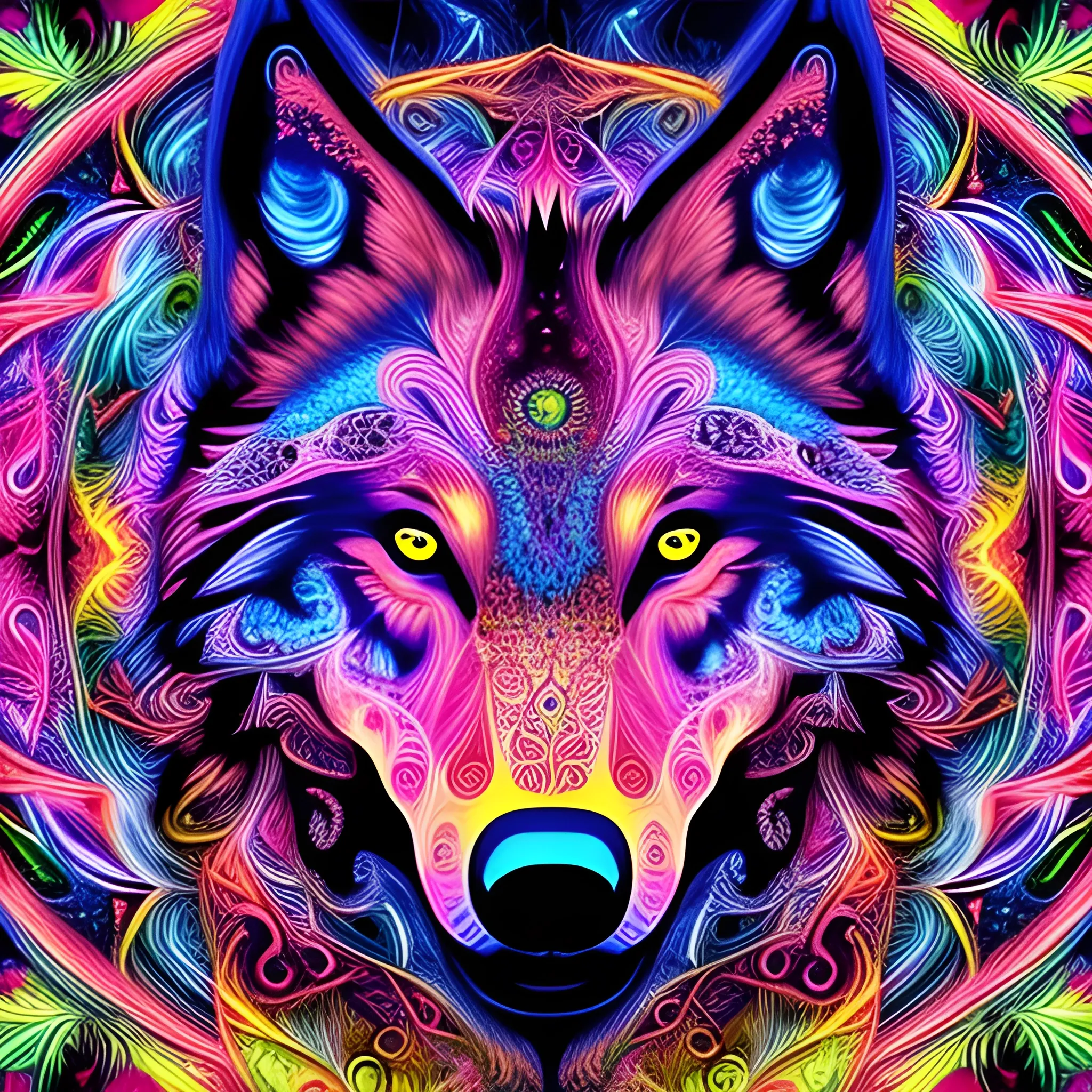 organic wolf under the full moon, ayahuasca art, intricated, vivid colors, finely detailed, an extremely psychedelic experience, fractal in the background, pink is the main color