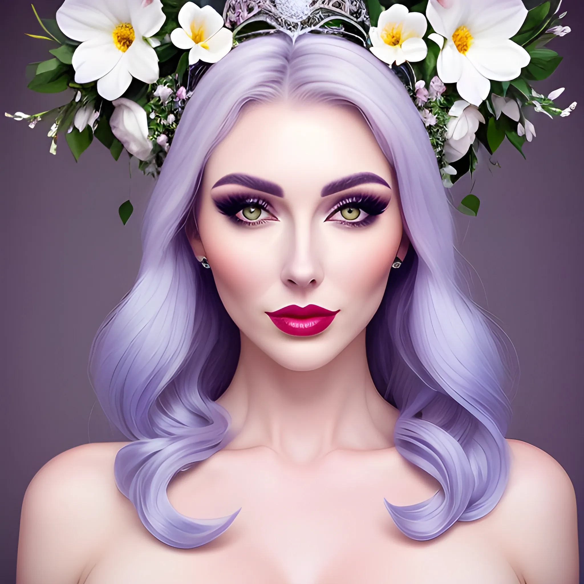 ((full body photo)), perfect body, white girl wearing crown of flowers, smooth soft skin, big dreamy eyes, beautiful intricate colored hair, symmetrical, soft lighting, detailed face, lip, nose, rouge, eyeshadow, lipstick, dreamy girl, cross-eyed