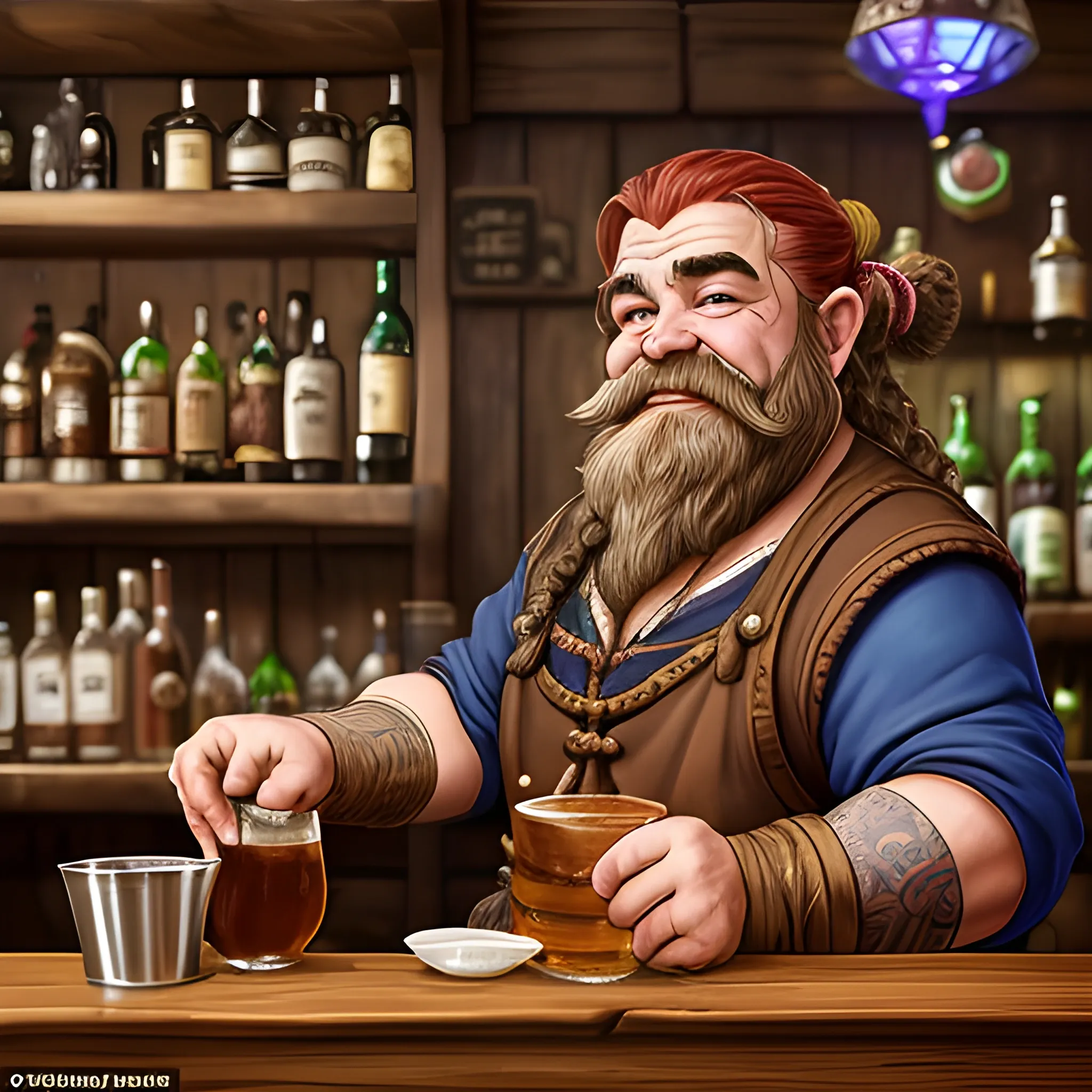 Appearance: The bartender is a stout and robust Dwarf, a natural fit for the role with their love of a good drink and merriment. Standing behind the bar with a barrel chest and muscular arms, they exude an air of confidence and competence. Their thick, braided beard is impeccably groomed, and their fiery red hair matches the gleam in their eyes. Despite their short stature, they carry themselves with pride and authority, ensuring that the tavern runs smoothly.

Features: This Dwarf bartender is an expert in the art of brewing and mixing drinks, boasting an impressive knowledge of beverages from all corners of the realm. They take pride in their craft and are always eager to share their expertise with curious patrons. Their boisterous laughter can be heard throughout the establishment, setting the tone for a lively and convivial atmosphere.

Habitat: This Dwarf bartender can be found in renowned taverns across the land, often in the heart of bustling cities or near mines and trade routes where Dwarves congregate. They may run an alehouse famous for its signature brew or manage an inn that welcomes travelers from near and far. In your DND world, this Dwarf bartender might be part of a close-knit Dwarven community or one of the few Dwarves venturing outside their mountain homes.

Behavior: True to their Dwarven heritage, this bartender is hardworking, reliable, and fiercely loyal to their patrons. They value tradition and history, always eager to regale customers with tales of legendary heroes or the exploits of their ancestors. Their hearty demeanor and ability to hold their liquor make them the perfect drinking companion for those seeking camaraderie and mirth.

Role in the World: In your DND world, this Dwarf bartender embodies the spirit of celebration and unity. They serve as a symbol of the joys of life, bringing people together to share stories and forge new friendships. Adventurers may find solace in their familiar presence, knowing that even in the farthest reaches of the realm, they can always find a friendly face in this Dwarf tavernkeeper.

Encountering a Dwarf bartender in your campaign can be a delightful and memorable experience for players. It provides an opportunity to explore the rich cultural traditions of Dwarves and appreciate the sense of community and kinship they foster. The interactions with this lively bartender can lead to jovial role-playing moments, creating a sense of camaraderie among the players and their characters.

The presence of a Dwarf bartender in your campaign world adds depth and authenticity to the portrayal of Dwarven culture. It showcases the Dwarves' love of craftsmanship, storytelling, and hearty revelry, painting a vivid picture of a race known for their lively spirits and strong bonds. This NPC can become a cherished and endearing character in your DND campaign, making the tavern they run a beloved location where players can find respite and warmth amidst the adventures that lie ahead.